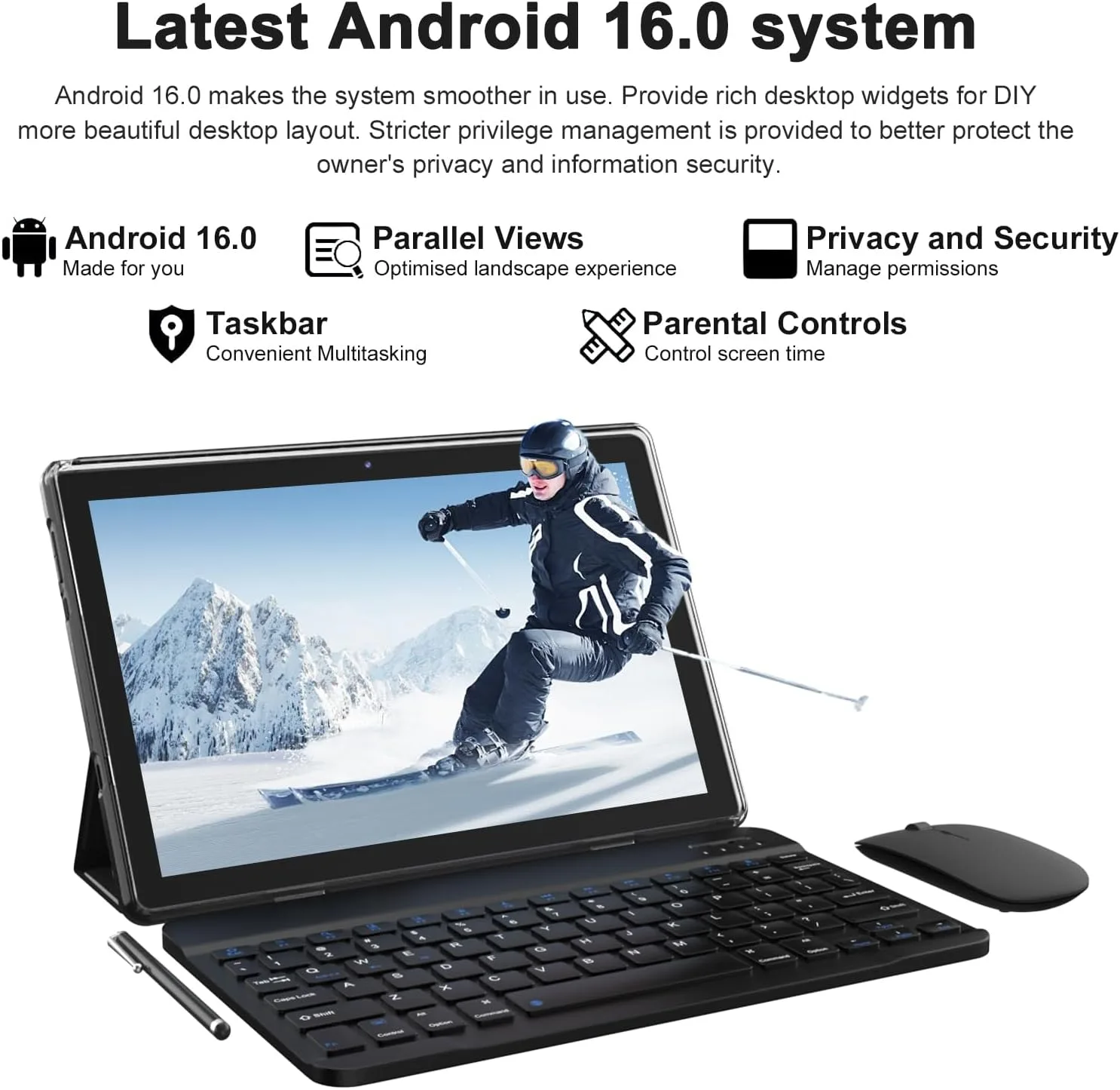 Android 16 Tablet 10 Inch, 12(3+9) GB RAM+64GB ROM, 2 in 1 Tablets with Keyboard Case Mouse Stylus, 2.0GHz Five-core Processor, 1280 * 800 IPS HD Screen, 5G WiFi6 BT 5.3 Tableta PC