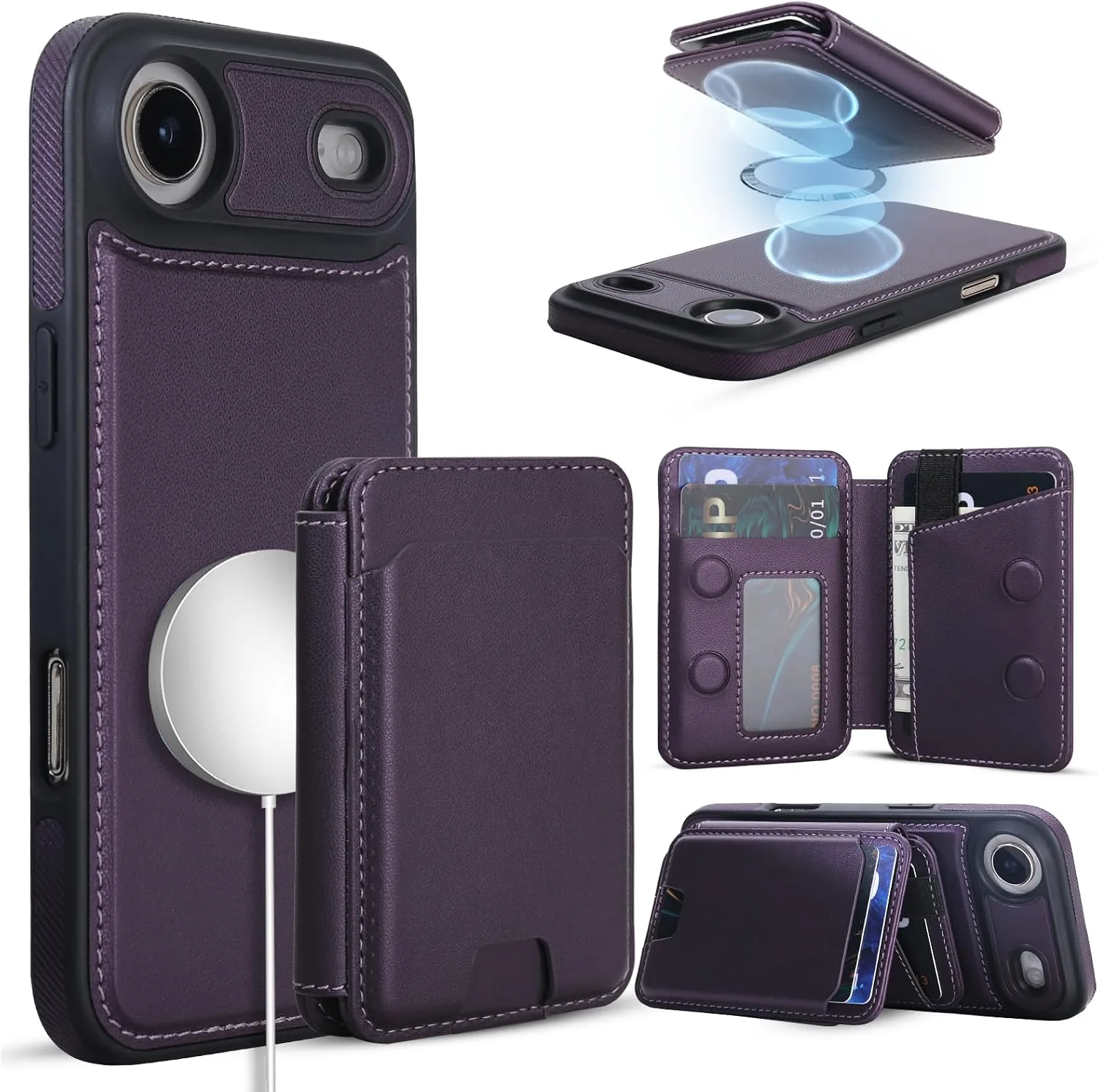 Magnetic Detachable Wallet Case for iPhone 17 Air with Kickstand,2-in-1 MagSafe Compatible RFID Blocking Card Holder,Slim PU Leather Cover Purple