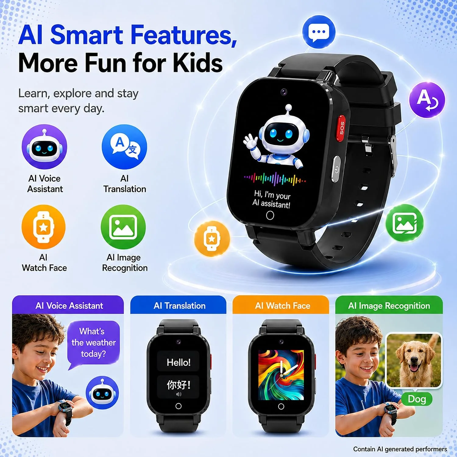 4G Kids Smart Watch with GPS Tracker, Video & Voice Call, SOS, WiFi, IP68 Waterproof, AI Smart Features, Parental Control Phone Watch for Boys Girls Age 3+ (SIM Card Included)