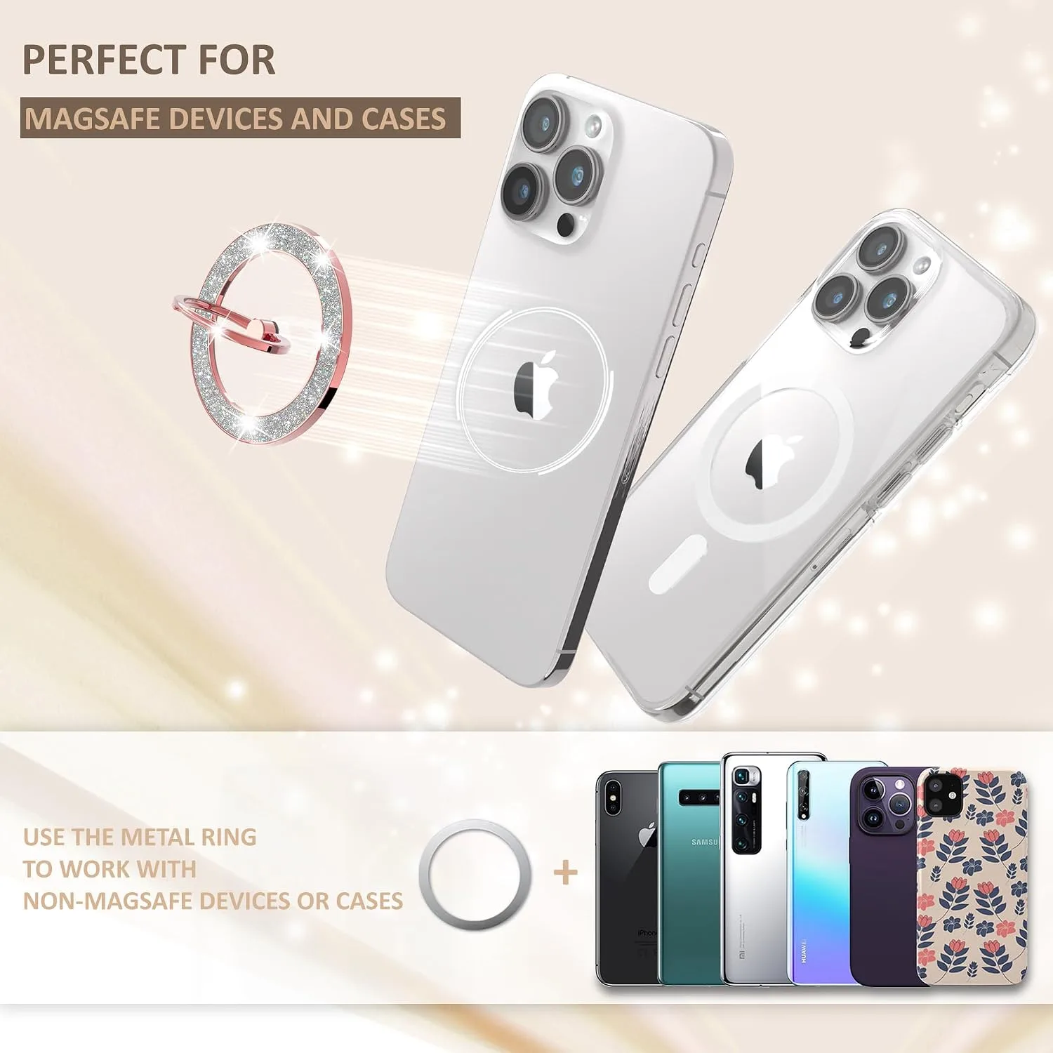 Pikabo Magnetic Phone Ring Holder for MagSafe, Glitter Phone Grip Stand