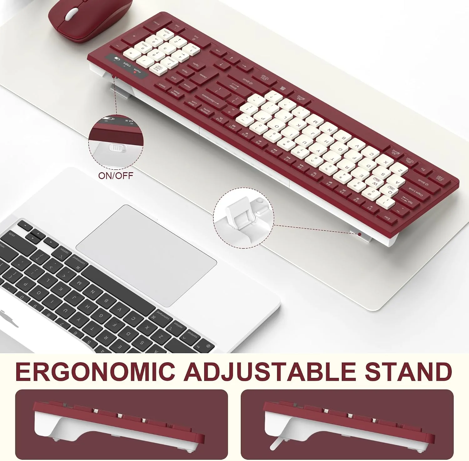 Wireless Keyboard and Mouse Combo Silent for Office and Home(Wine Red-B)