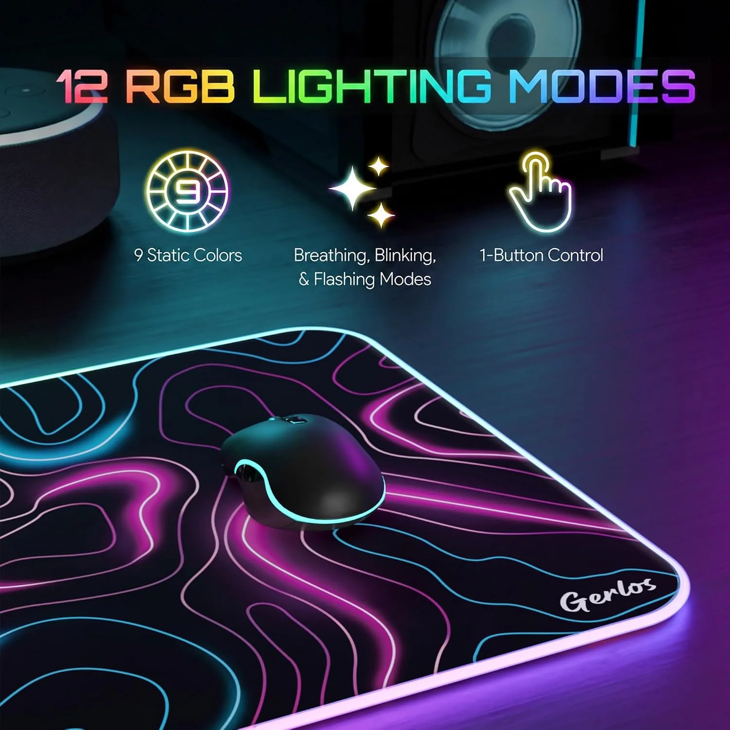 Gerlos RGB Gaming Mouse Pad, Large LED Mouse Pad for Gamer, 31.5" x 11.8"