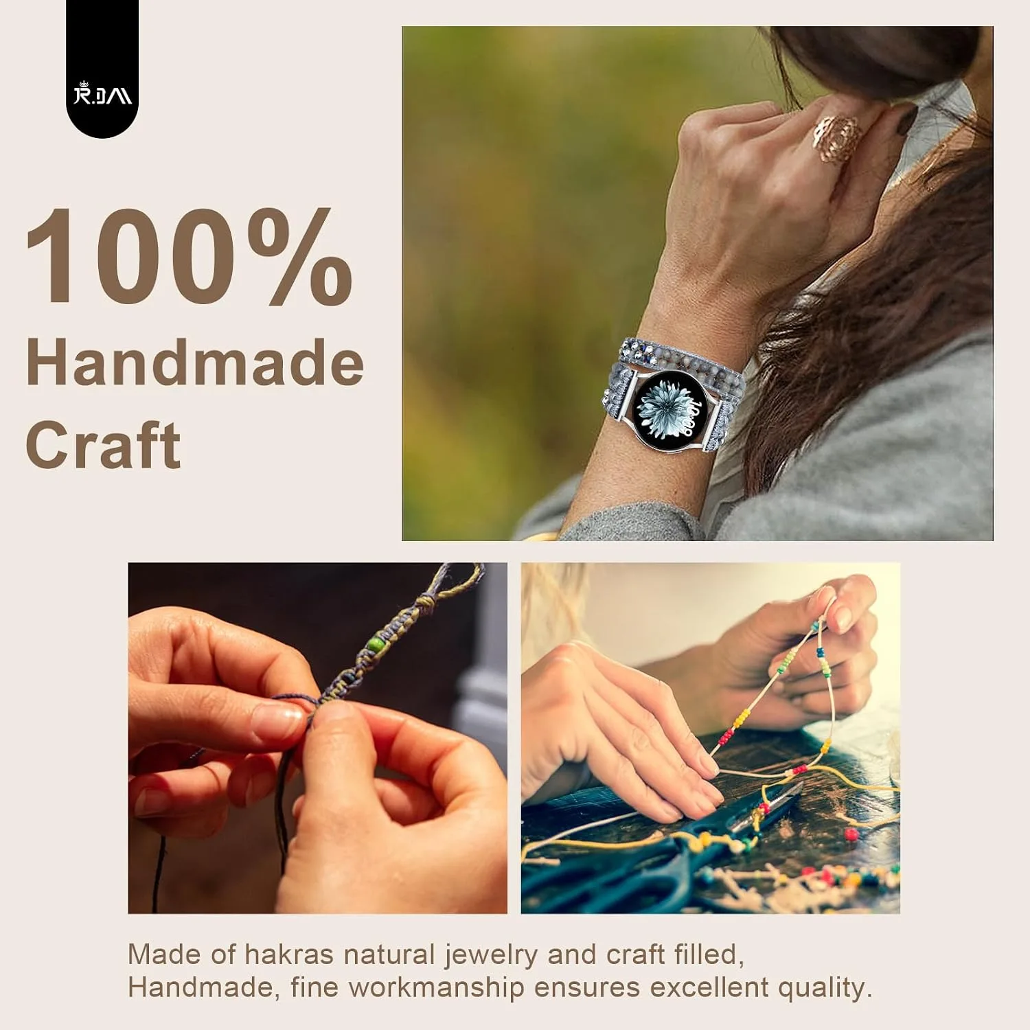 JR.DM Boho Beaded Handmade Braided Bracelet Band Women 20mm Compatible with Samsung Galaxy Watch 7/6/5/4/Active 2/4 Classic/6 Classic/5 Pro/FE 40mm 42mm 43mm 44mm 45mm 46mm 47mm