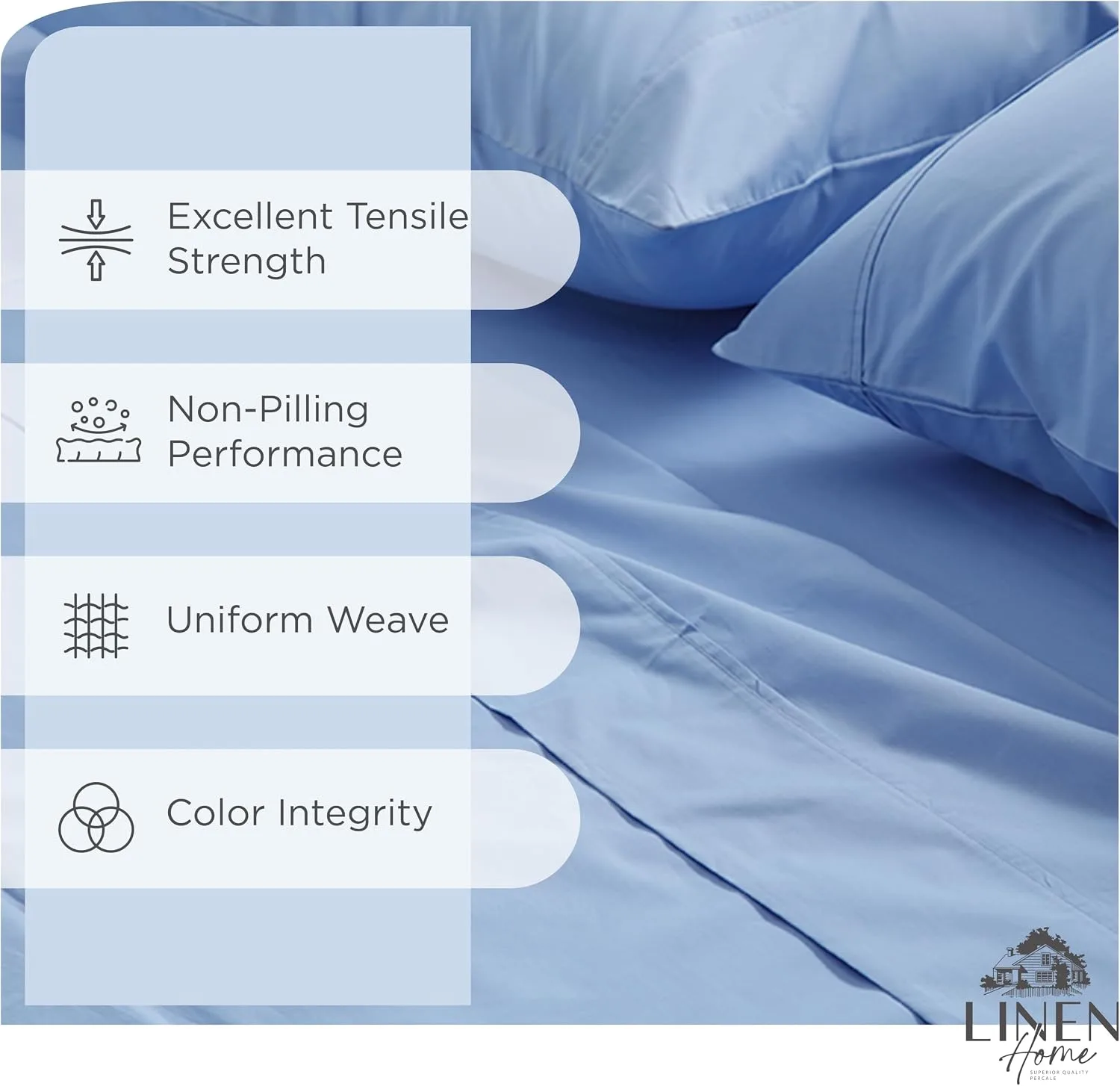 Linen Home 100% Cotton Percale King Sheets, 4 Pc Cooling Set - Baby Blue