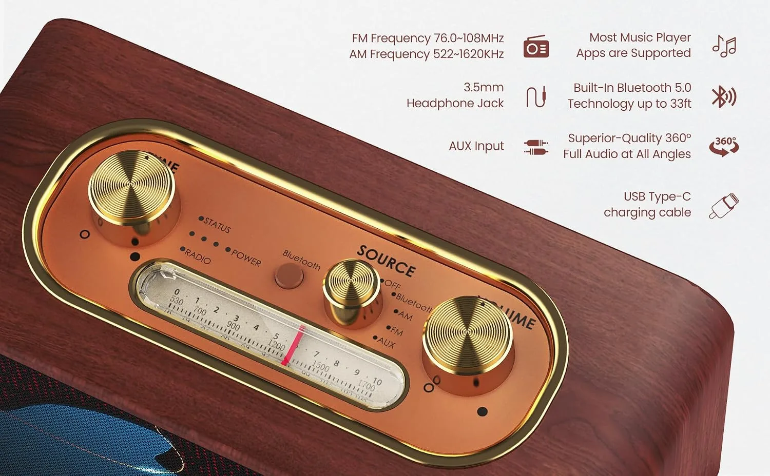 Portable Bluetooth Speaker, Vintage Wireless Radio, Dark Walnut