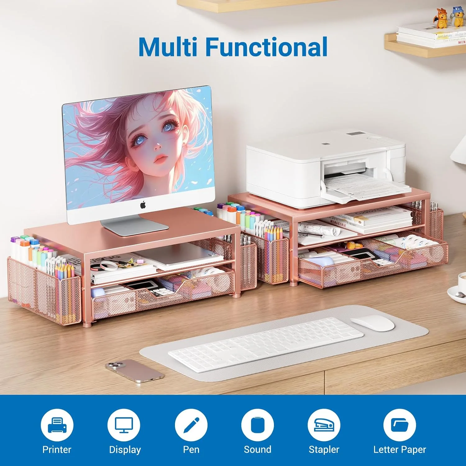 OPNICE Desk Organizer, Monitor Stand Riser with Drawer and 2 Pen Holders