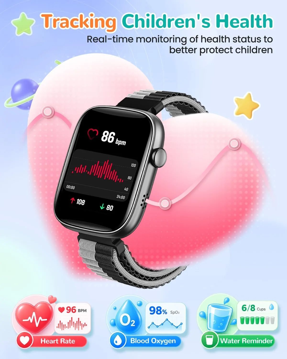 Kids Smart Watch No Phone Needed, 1.83" Smart Watch Fitness Trackers(Black)