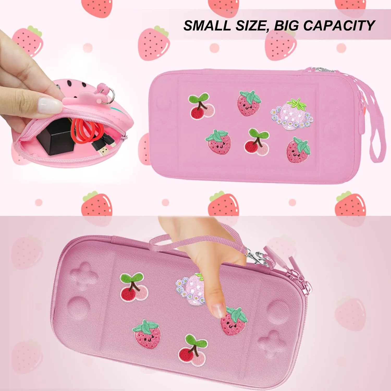 Strawberry Travel Carrying Case for Switch 2 2025 with Pink Silicone j-con Covers, Kawaii Thumb Grip Caps, Screen Protector, Embroidery stickers for Girls Women, Strawberry