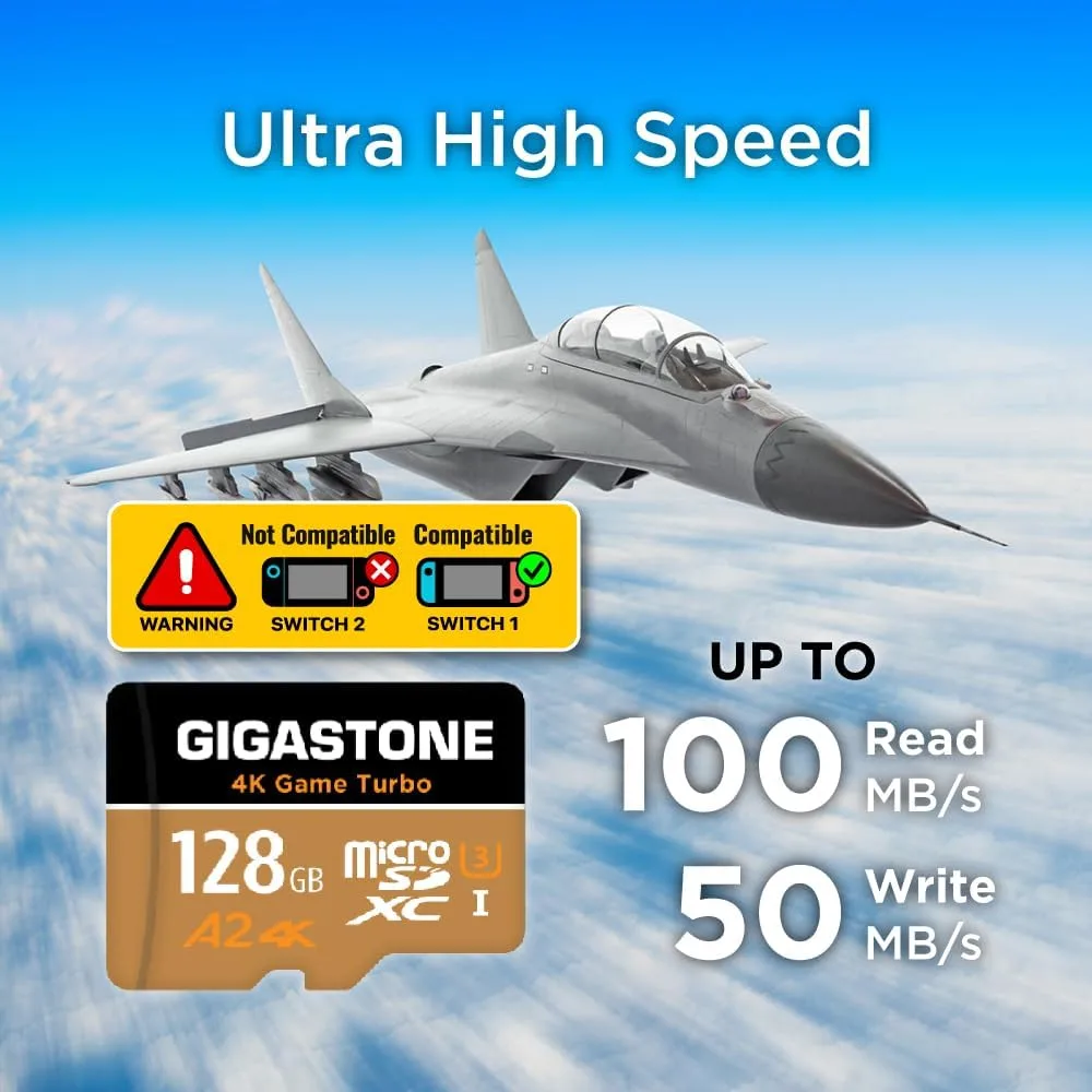 【for Switch 1 Only】 GIGASTONE 128GB Micro SD Card, 4K UHD Game Turbo, MicroSDXC Memory Card for Nintendo-Switch 1, R/W 100/50 MB/s, Action Camera, A2 V30, UHS-I U3, C10【5-Yrs Free Data Recovery】