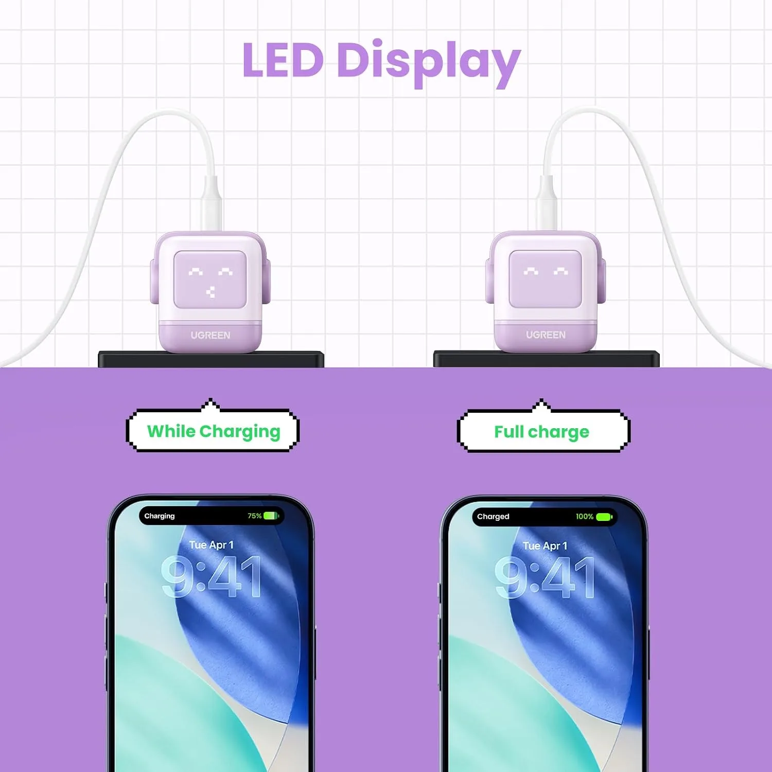 UGREEN Uno 30W USB C Charger, Compact Robot GaN Fast Charging Block, Purple