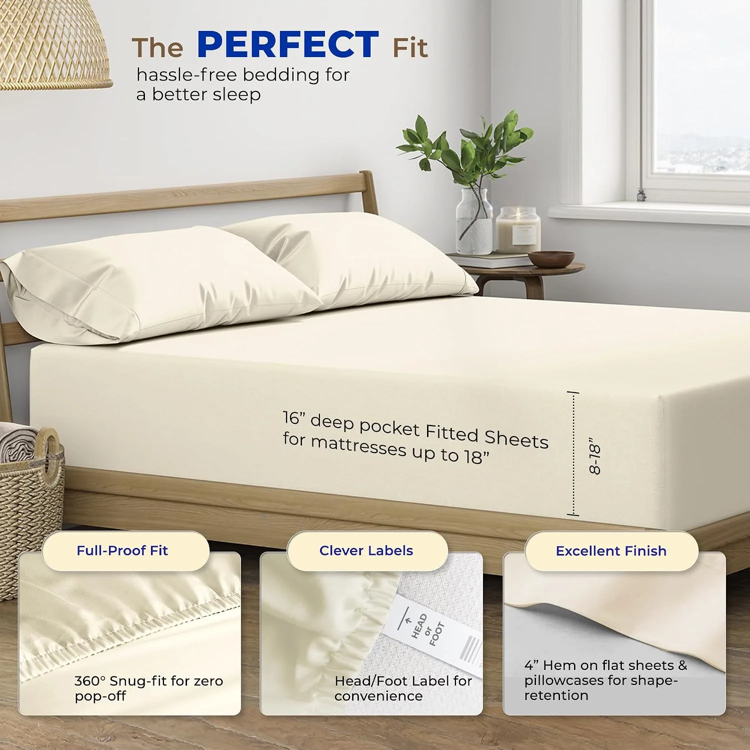 THREAD SPREAD Egyptian Cotton Sheets King Size - Luxury 600 Series King Size Sheets Set (4 PC, Ivory), 16" Deep Pocket All Around Elastic, Soft, Cooling, Sateen Weave, Durable Hotel Bed Sheet Sets