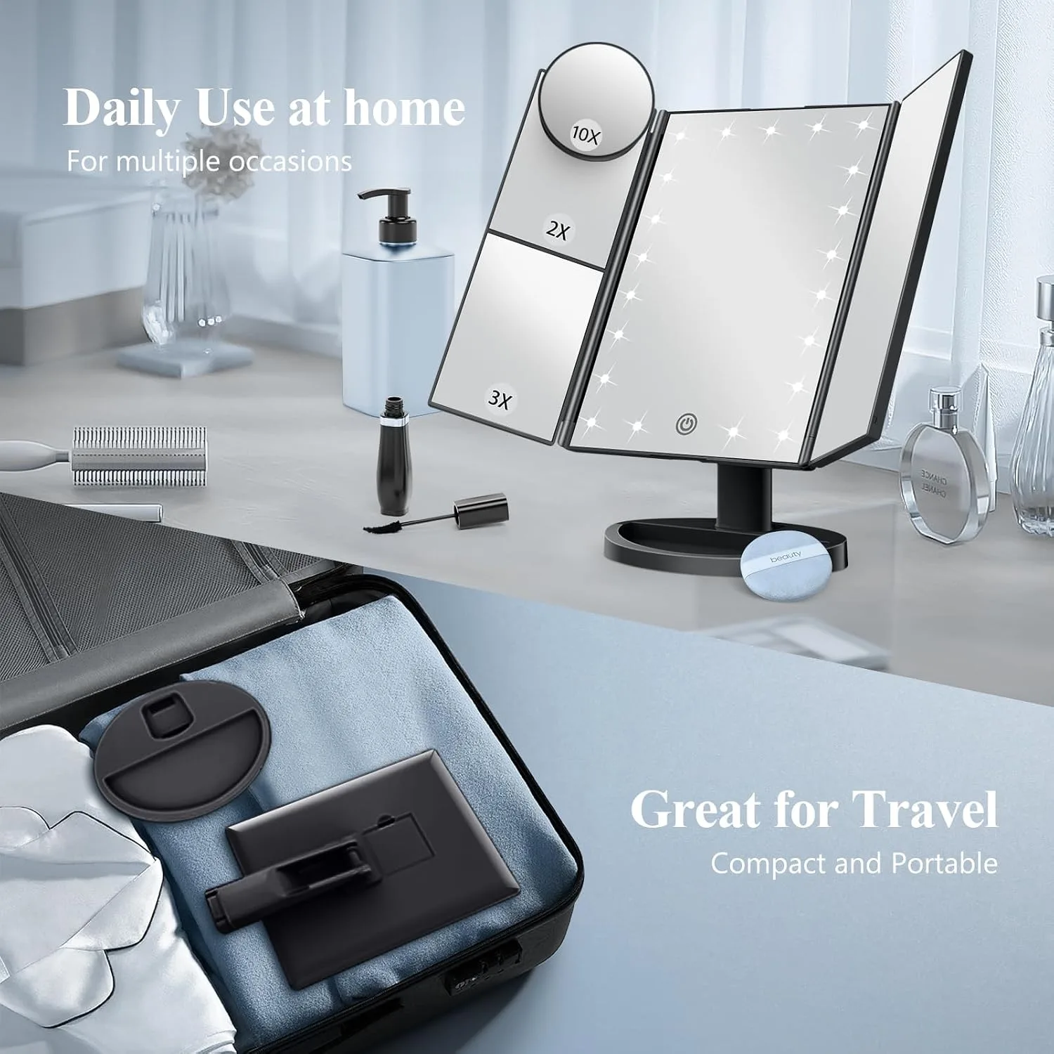 HUONUL 2X/3X/10X Magnifying Vanity Mirror with Light, Trifold Makeup Mirror