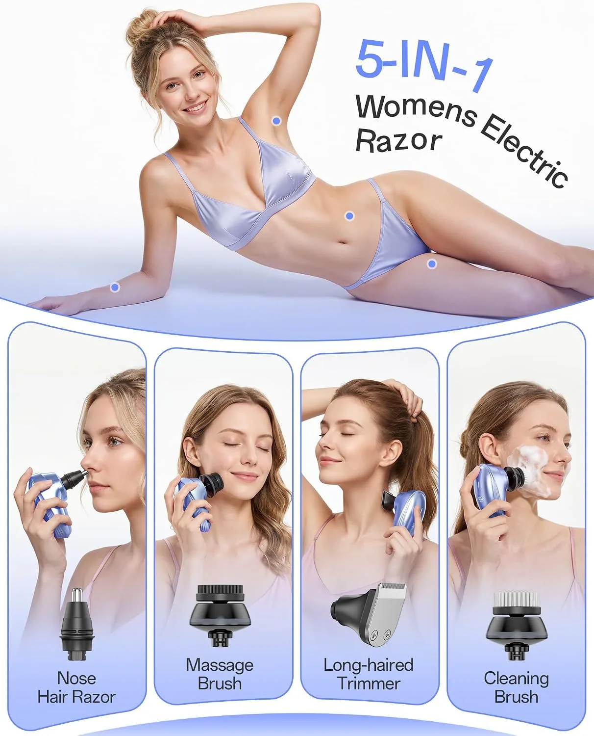5-in-1 Electric Razors for Women, 7D Electric Shavers for Womens Full Body Legs, IPX7 Waterproof Wet Dry Travel Bikini Trimmers for Lady Face Bikini Arms Underarms (Blue)