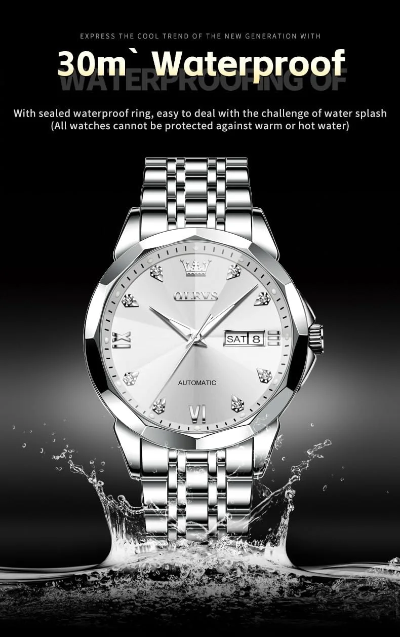 OLEVS Skeleton Men Watches Automatic Business Luxury Diamond Self Winding Watch for Men Stainless Steel Calendar Wrist Watch