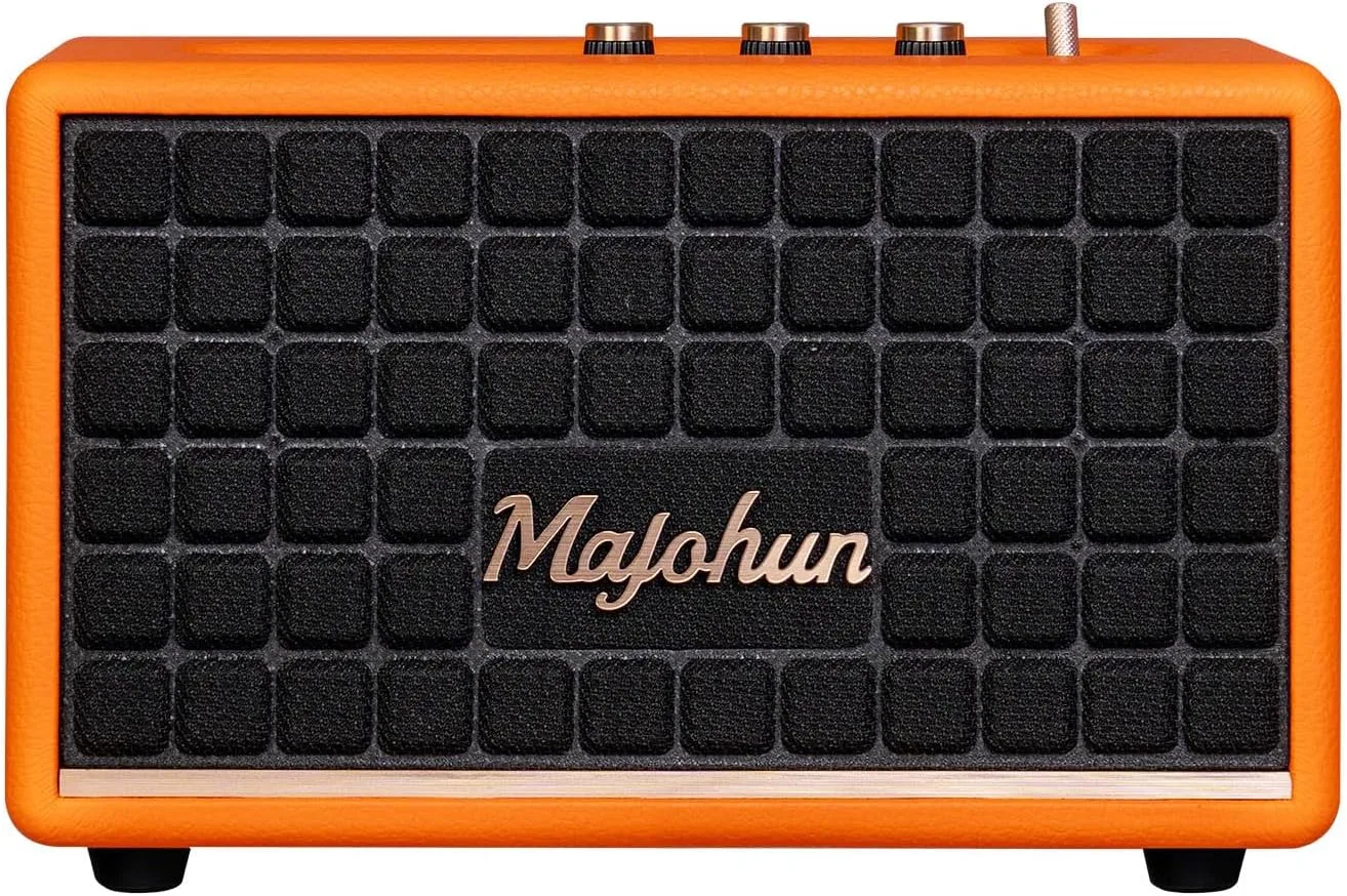 100W Peak Wood Bluetooth 5.4 Speaker, Vintage TWS Stereo (Orange) | Retro style with bass & treble control, AUX & USB input; multiple modes, clear sound ideal for home, room, office, party use.