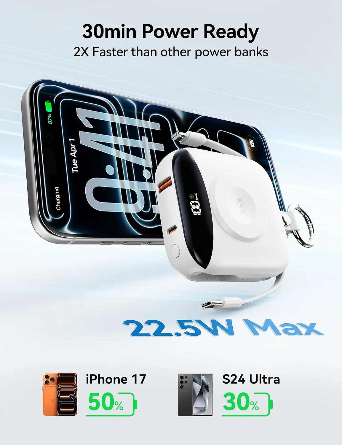 Portable Charger 10000mAh 22.5W Power Bank Built-in 2 Cables Keychain