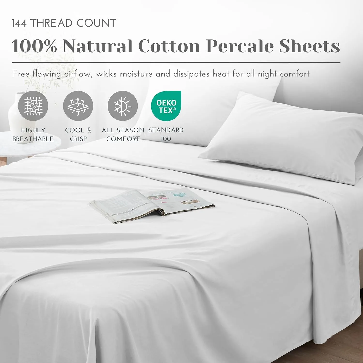Comfort Spaces 100% Cotton Percale Sheets Queen Sheet Set 4 Pcs, White