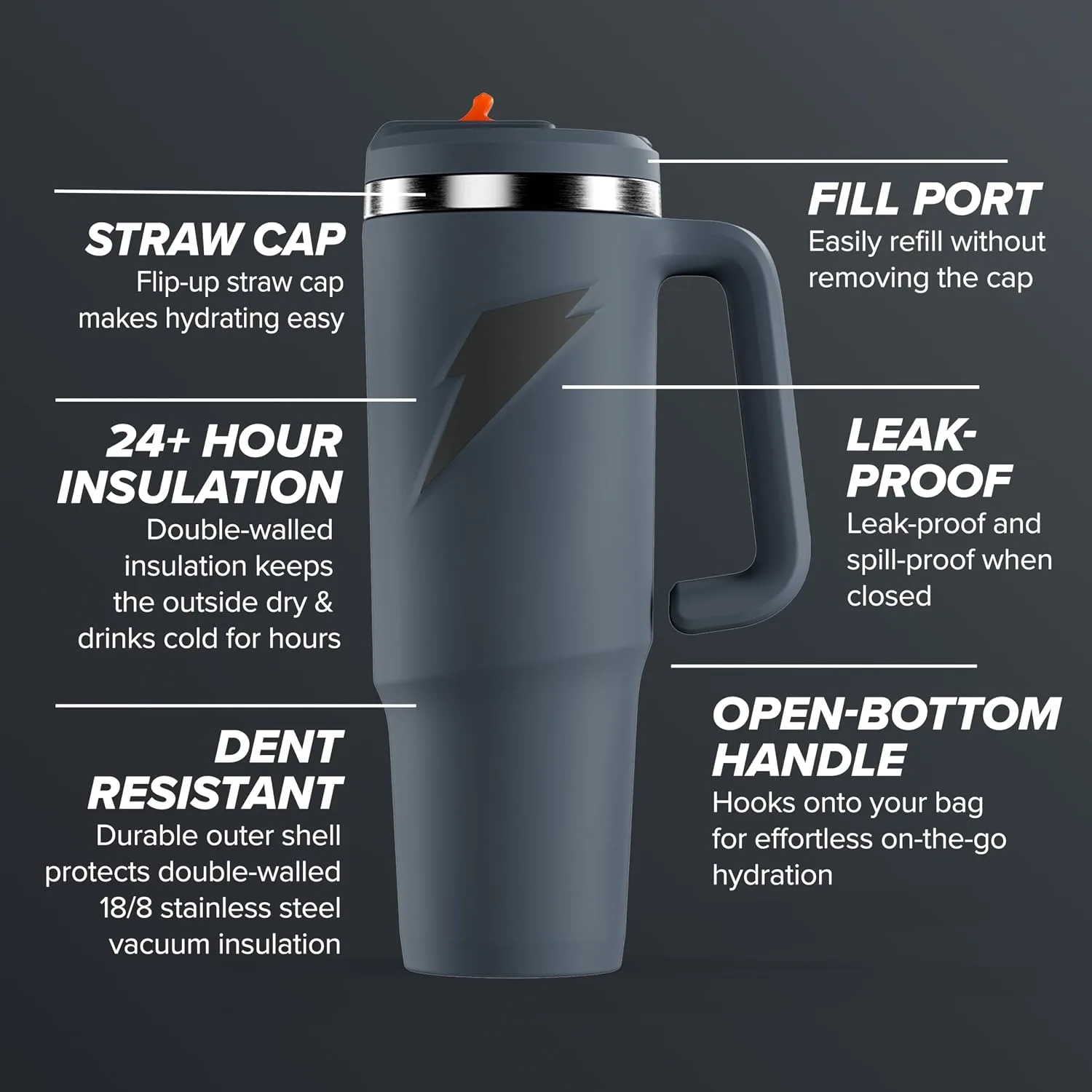 Gatorade Crossover Stainless Steel Tumbler Water Bottle, Graphite, Double-Wall Insulation, 36 fl oz