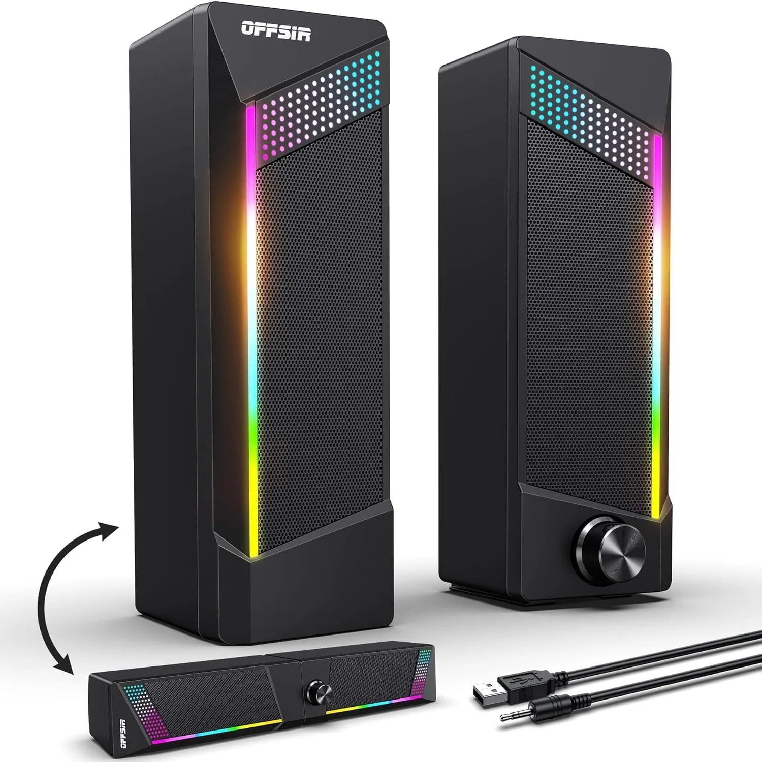 Parlantes para computadora Offsir 2 en 1 RGB USB y Aux 3.5mm
