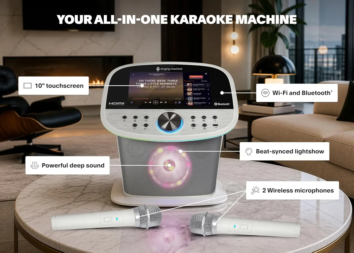 Singing Machine Karaoke Machine Screen, WiFi, Music Apps, 2 Microphones