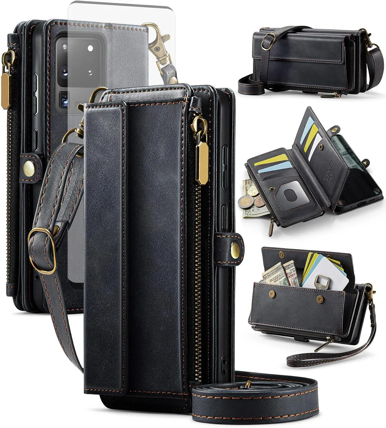 Funda Cartera para Samsung Galaxy S20 Ultra 5G con Protector de Pantalla y Correa Crossbody Negro