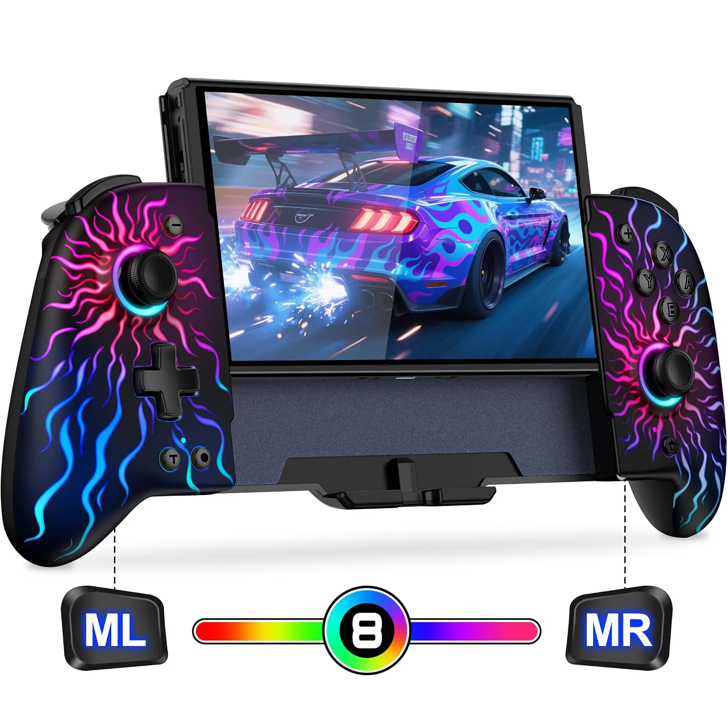 Gammeefy Switch Controller – Hall Effect Joysticks & Enhanced Grip – One Piece Switch Joypad Replacement Switch Pro Controller with 8-Color RGB Lighting, Turbo, Macros -Multi-Colored Sunburst, 6.2"/7"