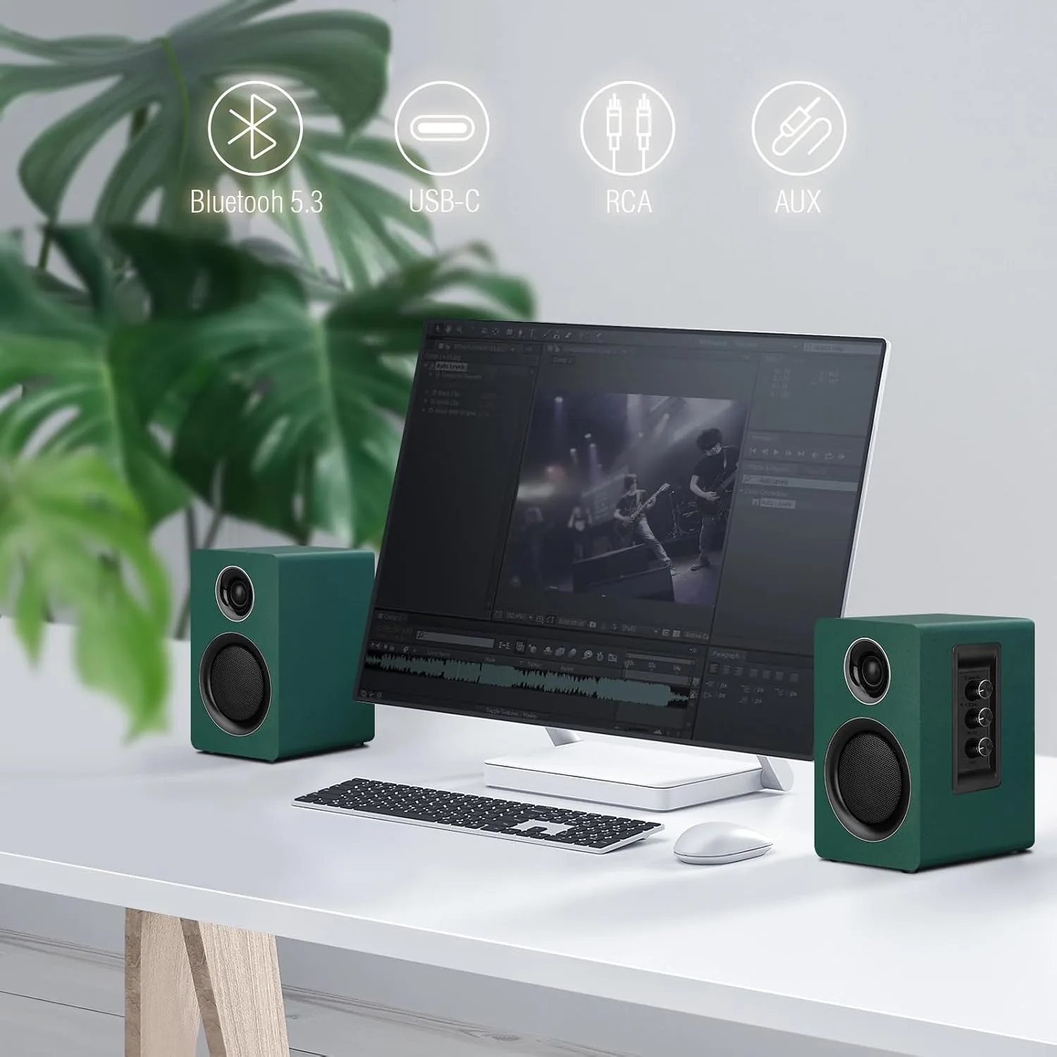 Computer Speakers, Bluetooth 5.3, USB-C, AUX/RCA, 3.5-Inch Woofer, Green