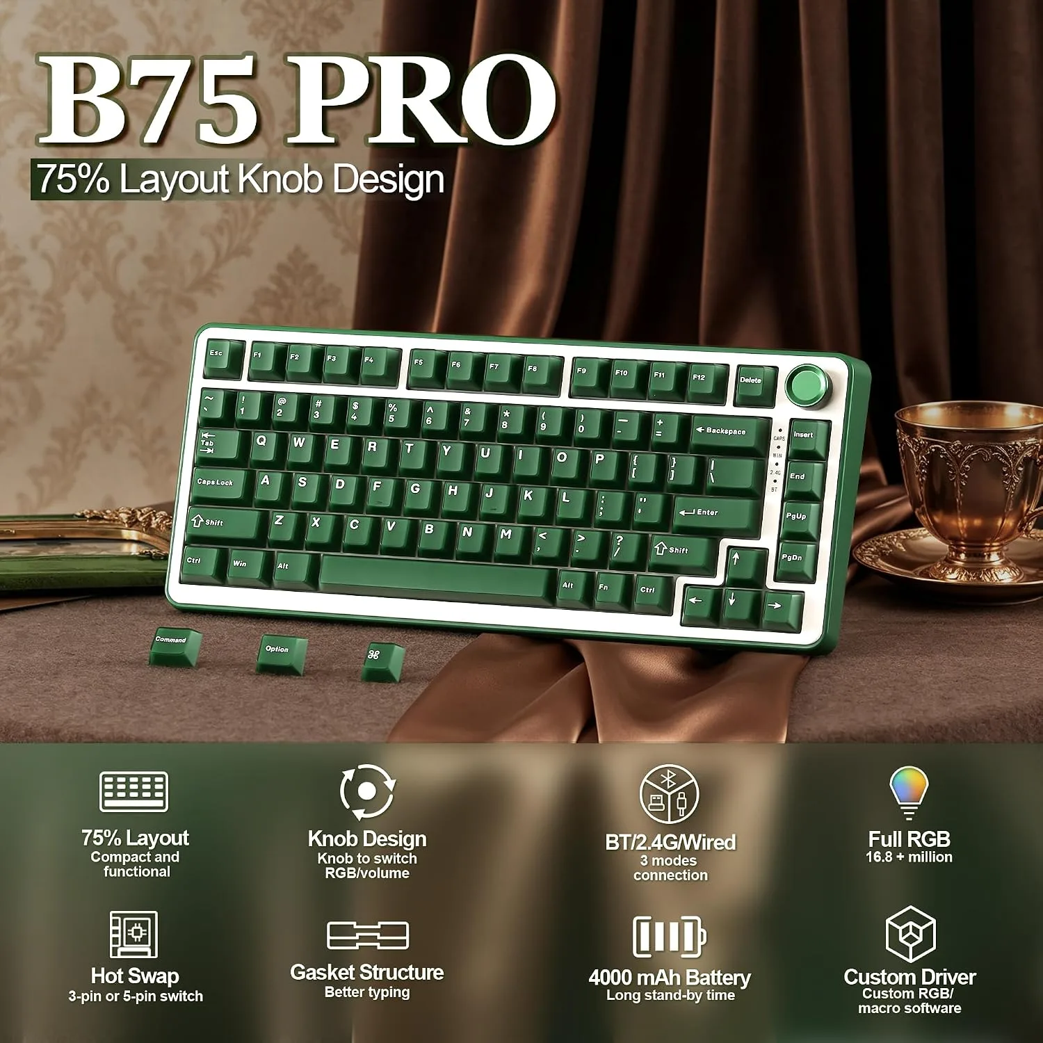 YUNZII B75 PRO 75% Wireless Mechanical Keyboard (Olive Green,CocoaV2)