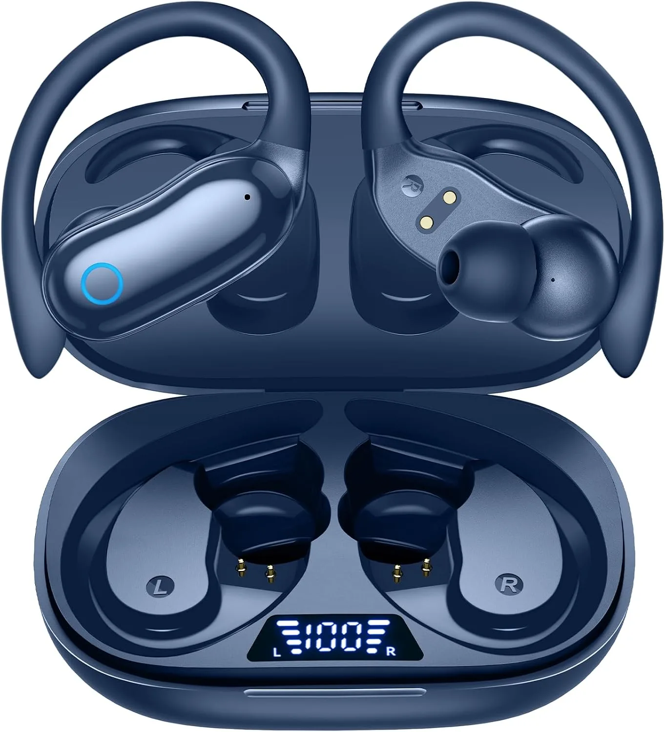 GNMN Active Noise Cancelling Ear Buds Wireless Earbuds 96hrs Playback Bluetooth Headphones Dual Battery Display Stereo Bass Earphones with Earhooks Microphone IPX7 Waterproof for Sports/Runing/Workout
