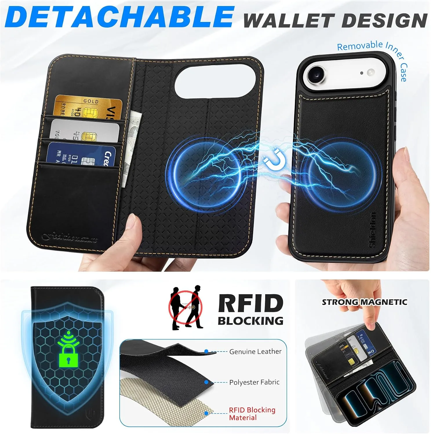 SHIELDON Removable Genuine Leather Wallet Case for iPhone Air, Retro Black