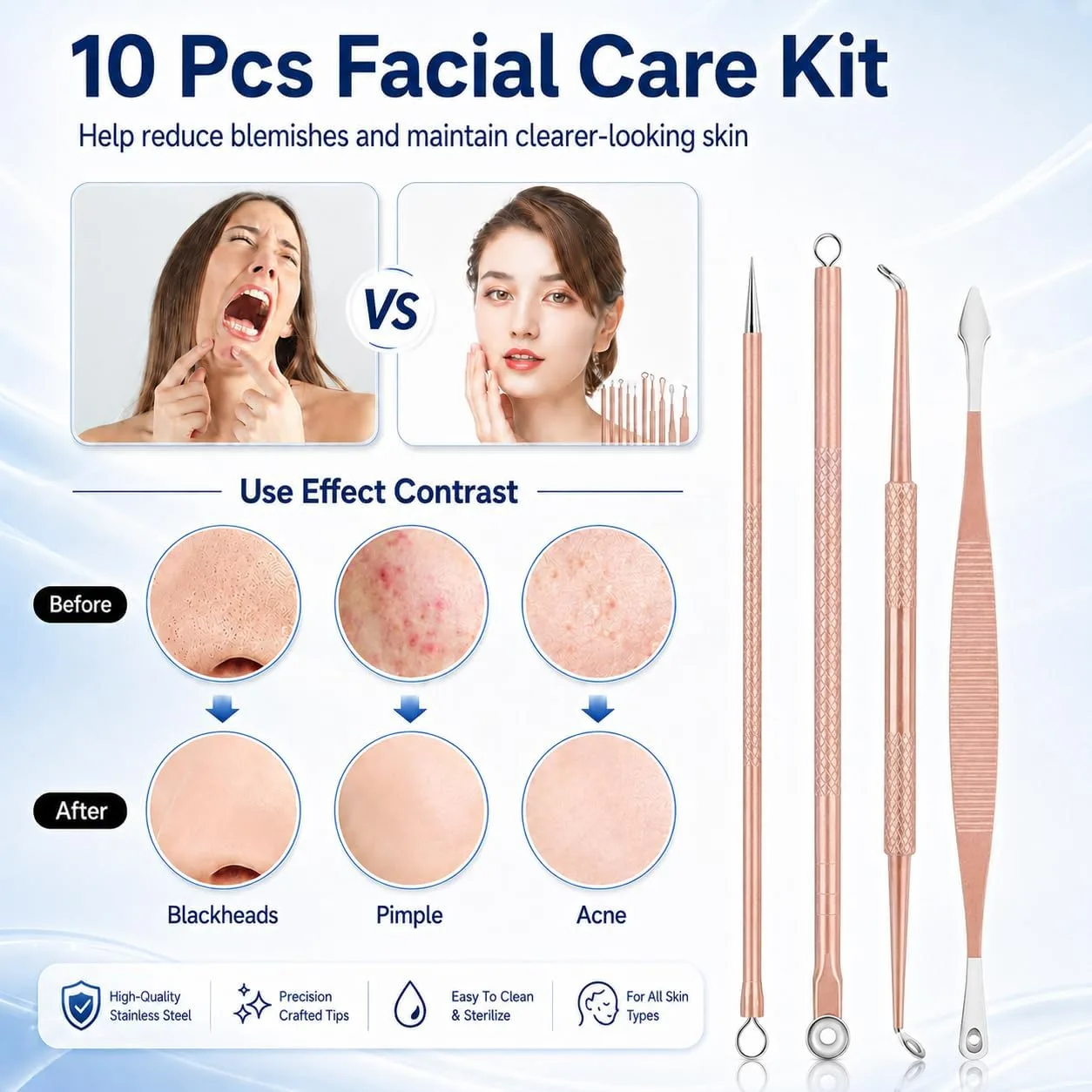 Pimple Popper Tool Kit, MENOLY 10 Pcs Blackhead Remover Comedone Extractor Acne Removal Kit for Blemish, Whitehead Popping,Zit Removing for Nose Face Tools with a Leather Bag (Rose Gold)