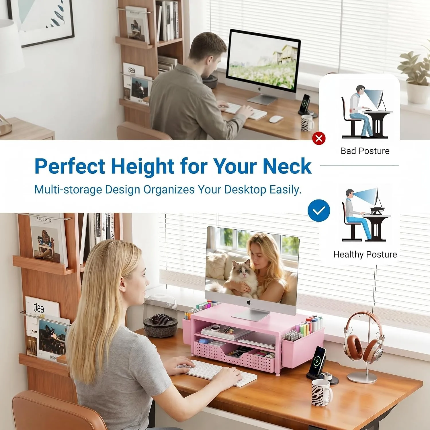 OPNICE Desk Organizer, Monitor Stand Riser with Drawer and 2 Pen Holders