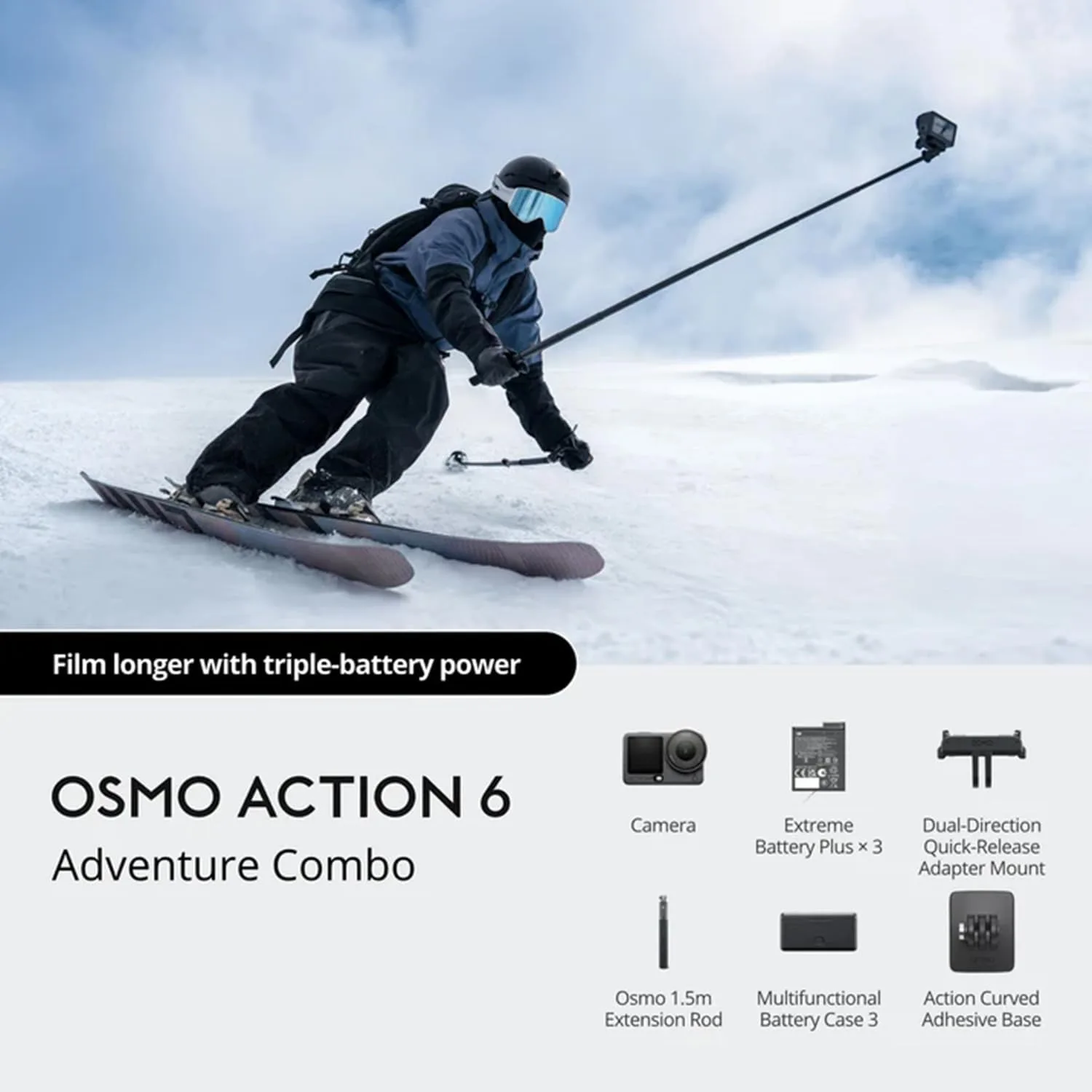 DJI Osmo Action 6 Adventure Combo 4K120fps, 1/1.1" Sensor, f/2-f/4, 4h Battery Bundle w/Sandisk Ultra microSDXC 128GB Memory Card + 2xDeco Essentials Clip-On Mini Lapel Mic +12 Month Protection Pack