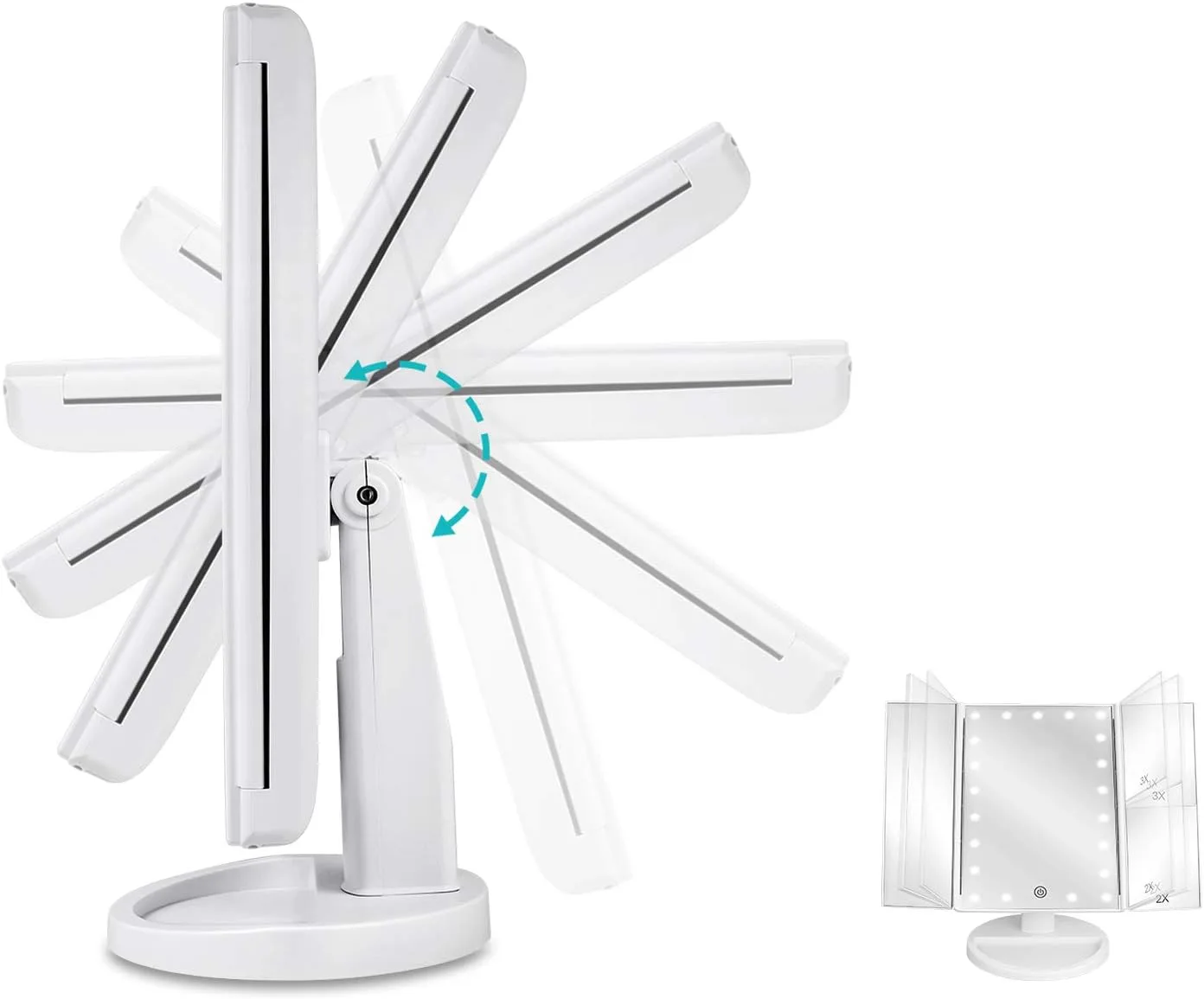 deweisn Floor Mount Tri-Fold Lighted Vanity Mirror with 21 LED Lights, Touch Screen and 3X/2X/1X Magnification, Two Power Supply Modes Make Up Mirror,Travel Mirror
