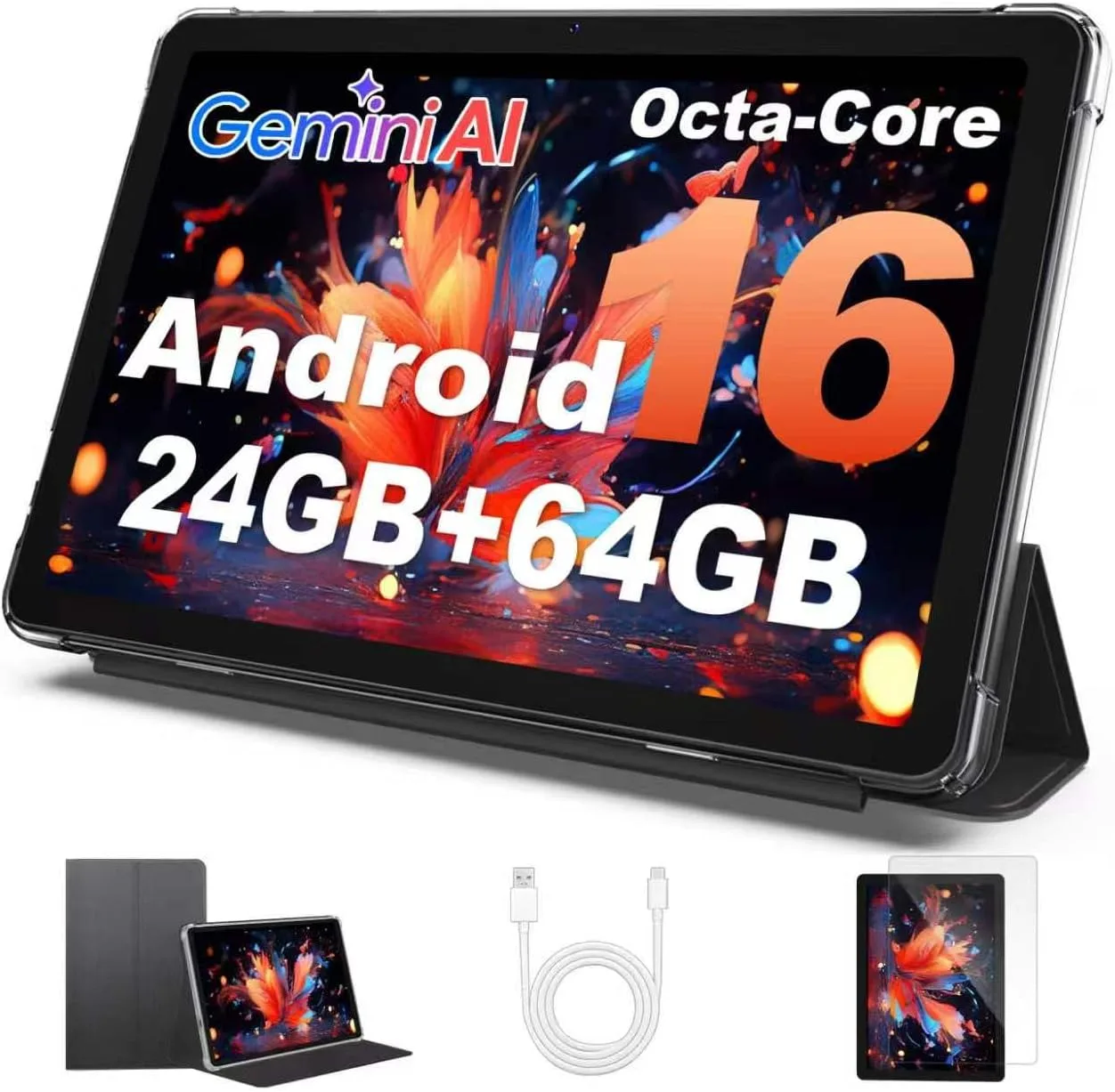 Android 16 Tablet, 10 Inch Tablet, Octa-Core, 24GB RAM 64GB ROM 2TB Expand, Tablets with Gemini AI, 6000mAh, WiFi, Widevine L1, GMS, BT 5.0, Dual Camera, Tablets with Case，Black