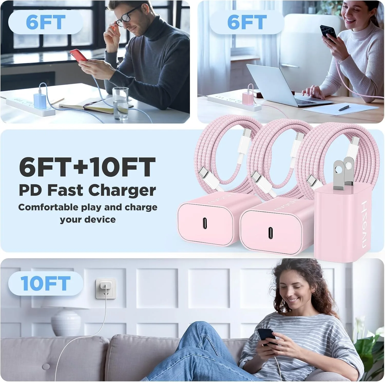20W USB C Fast Charging for iPhone 17 Air/16/15 Pro Max,2Pack Colorful Mixed Charger Block with Braided Long USB C to C Cables (6/6ft) Compatible with iPhone16/15 Pro/15 Plus/iPad Pro