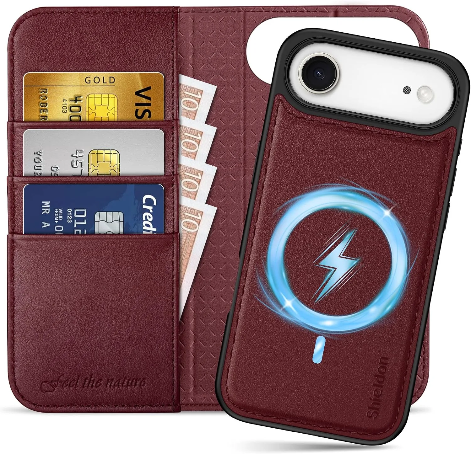 SHIELDON Detachable Leather Wallet Case for iPhone Air 6.5" 2025, Burgundy