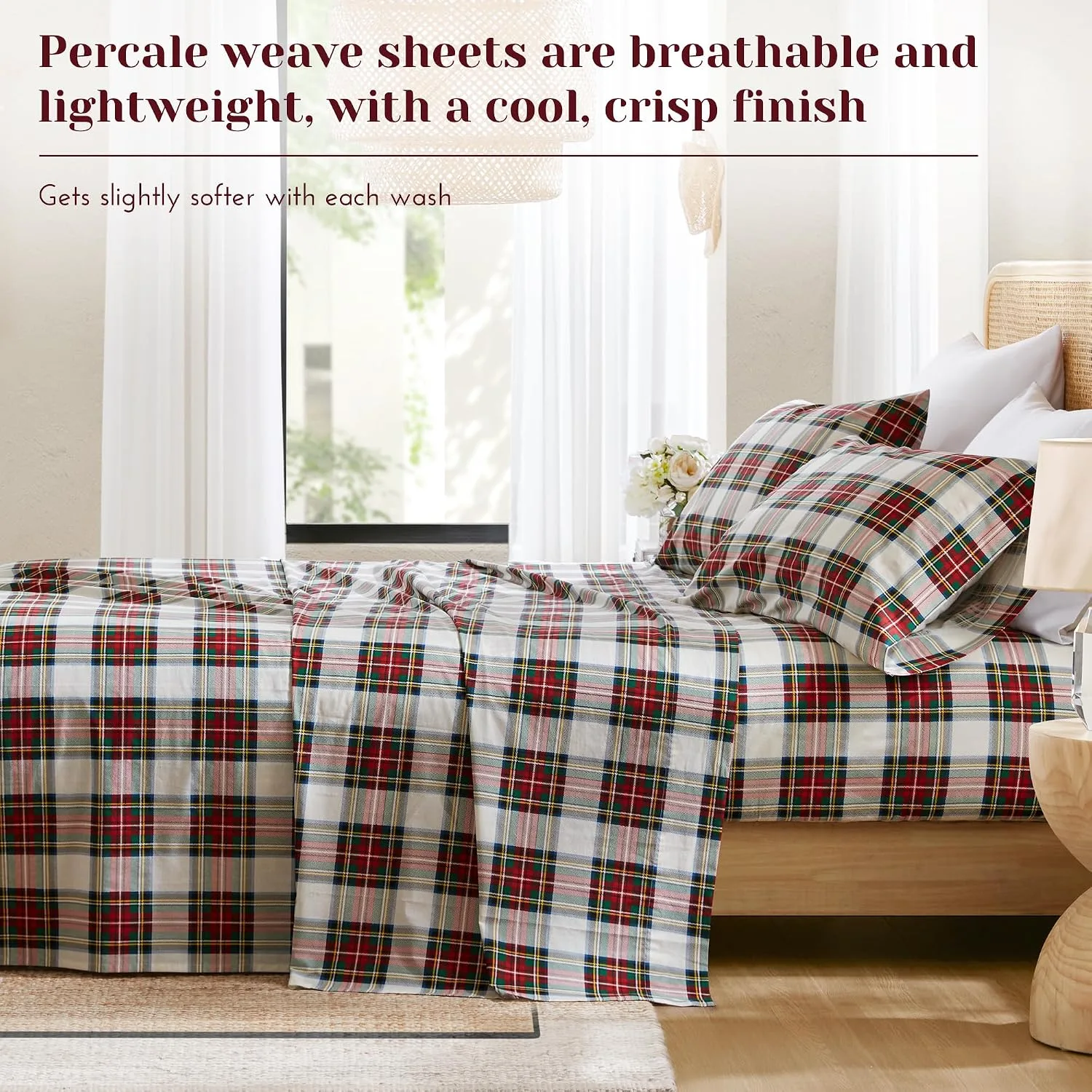 Comfort Spaces 100% Cotton Percale Sheets Queen Sheet Set, 4 Piece