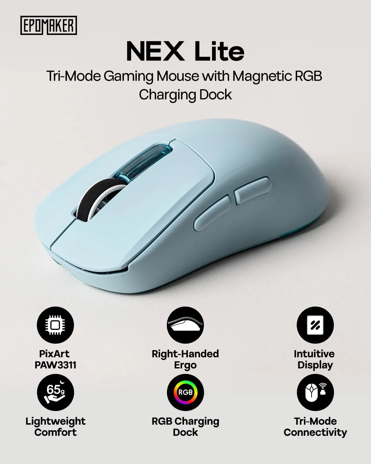 EPOMAKER NEX Lite Wireless Gaming Mouse w/Screens & RGB Charging Dock