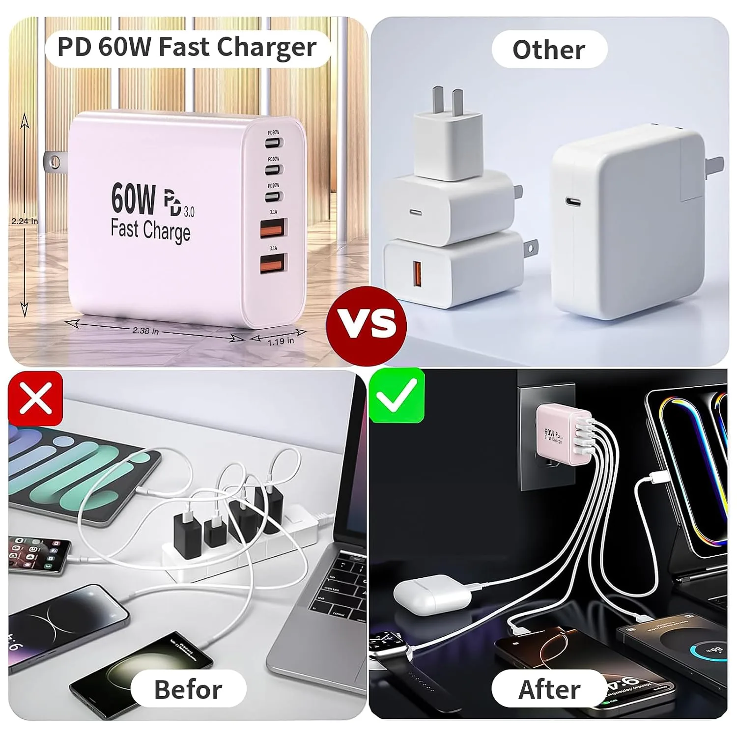 3Pack 60W TypeC Wall Charger Block for iPhone,60W 5Port Fast Charging Block