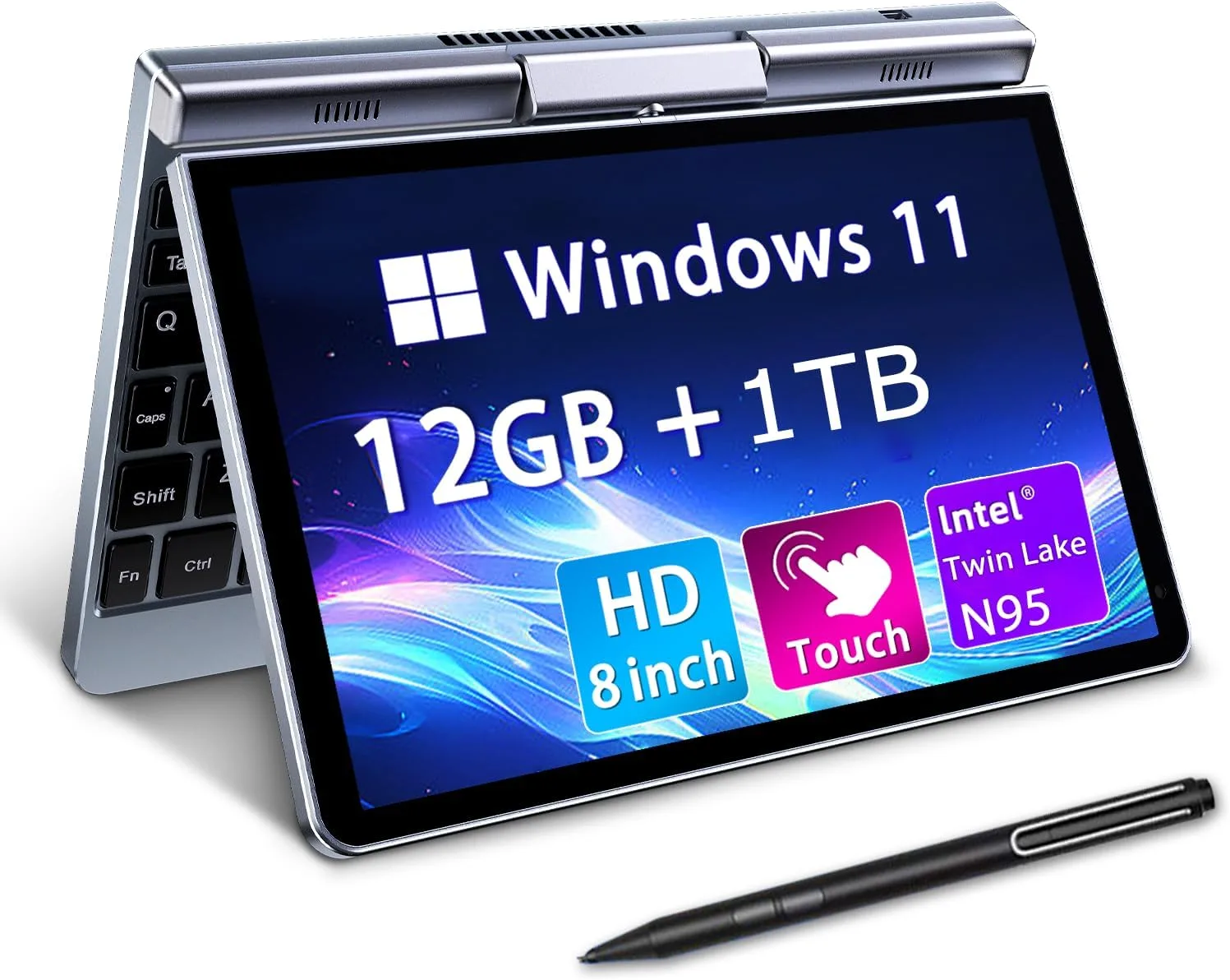 Mini Laptop 8" 2-in-1, Laptop Computer Win 11, Intel N95(up to 3.4GHz), 12GB RAM 1TB SSD, Touchscreen HD, Backlit Keyboard, Wi-Fi 6, USB-C, Lightweight Portable PC for Work/Kids/School