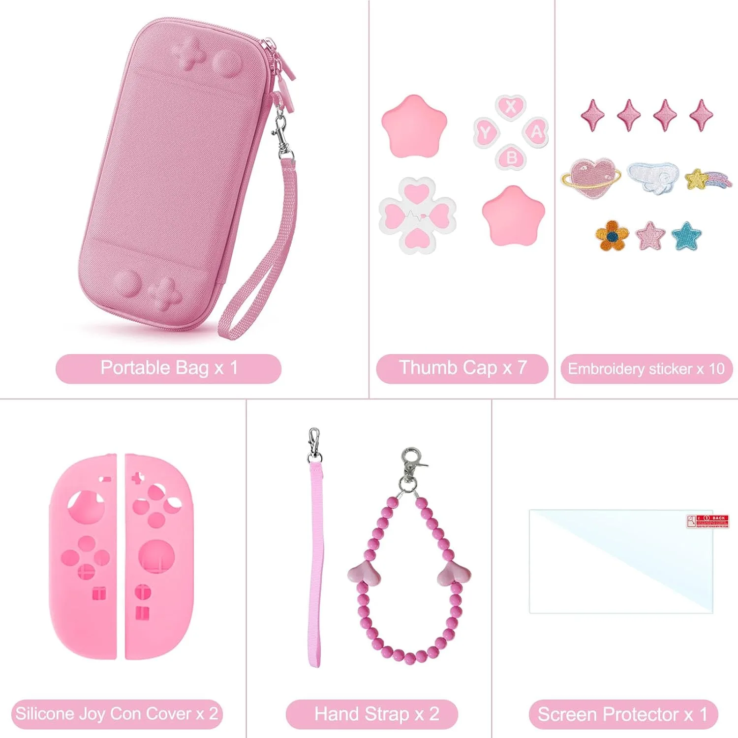 Cute Travel Carrying Case for Switch 2 2025 with Silicone j-con Covers, Thumb Grip Caps, Screen Protector, Love Heart Strap and Embroidery stickers for Girls Women, Pink