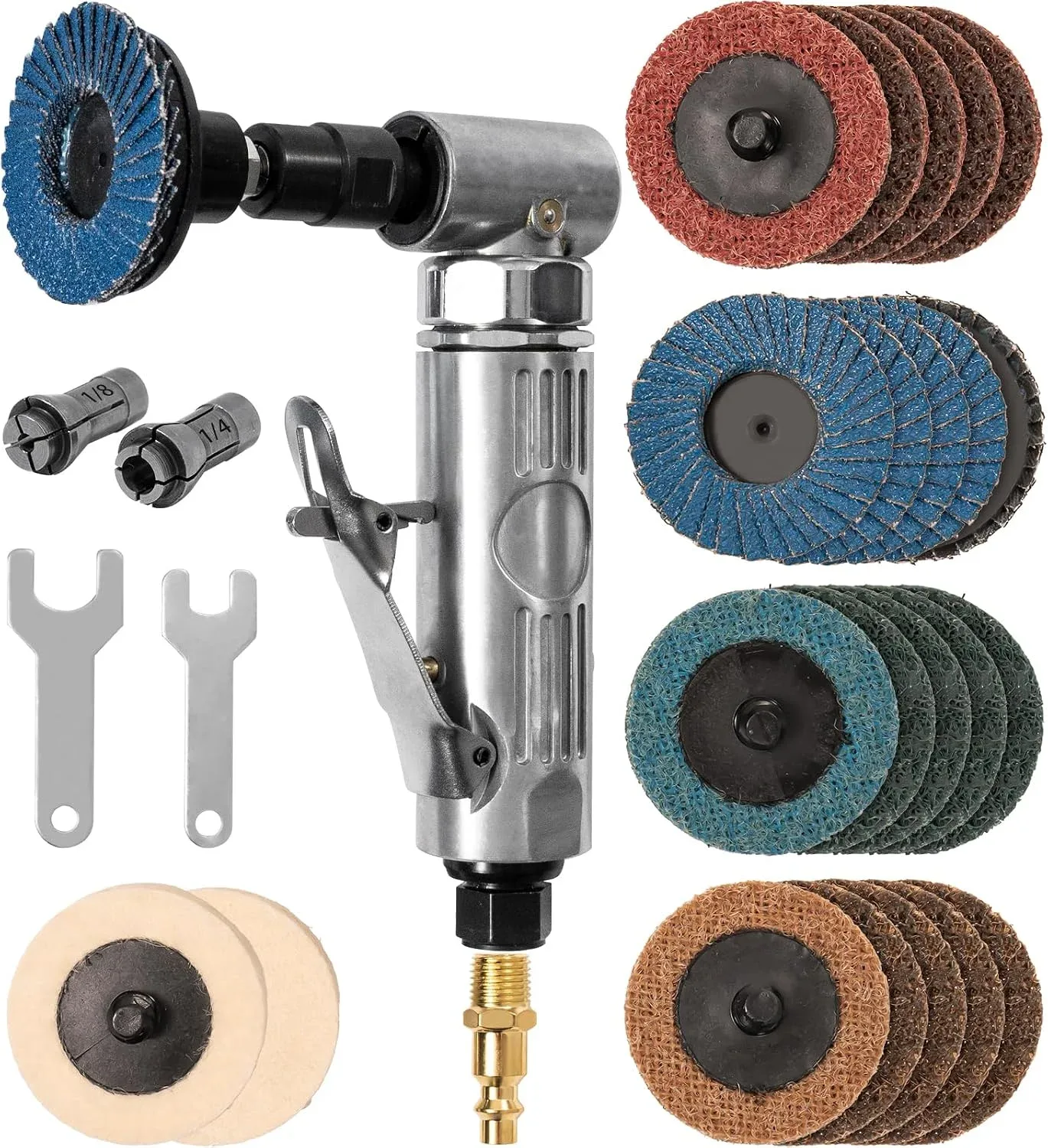 Right Angle Air Die Grinder With 22 pcs 2-inch Roll Lock Sanding Discs,1/4 inch Pneumatic Die Grinder Tool,Mini Angle Grinder Kit For Grinding,Polishing,Deburring