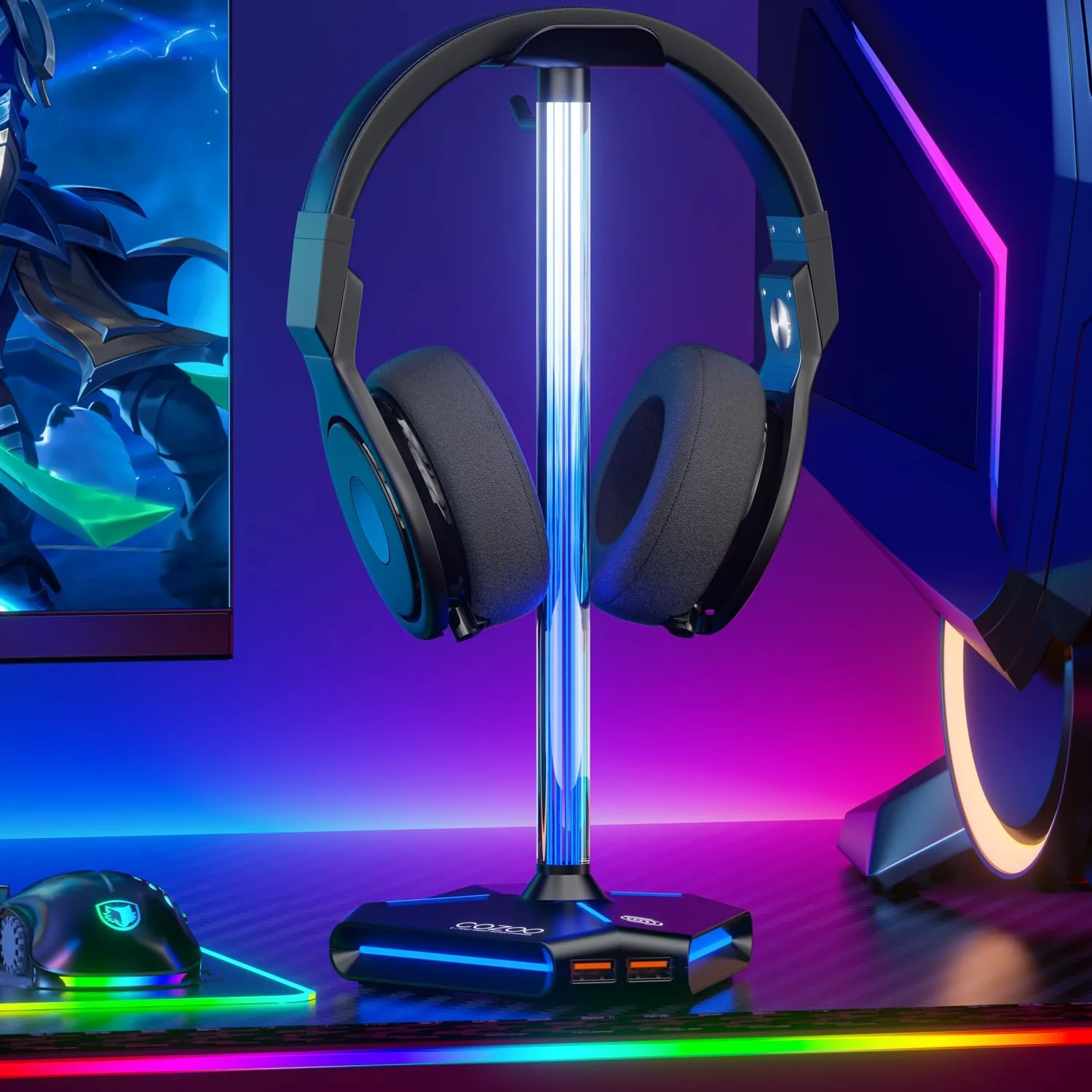 cozoo Desk headset stand Touch RGB Light Stand 4 Color Modes 2 USB Black