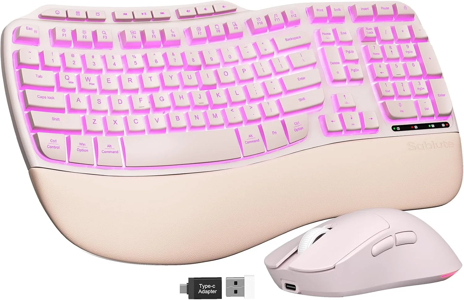 Pink Ergonomic Wireless Keyboard and Mouse Combo, Rechargeable 4000mAh Backlit Keyboard with Soft Faux Lambskin Palm Rest, Wave Keys for Natural Typing, Compatible with Windows/Mac/Chrome OS