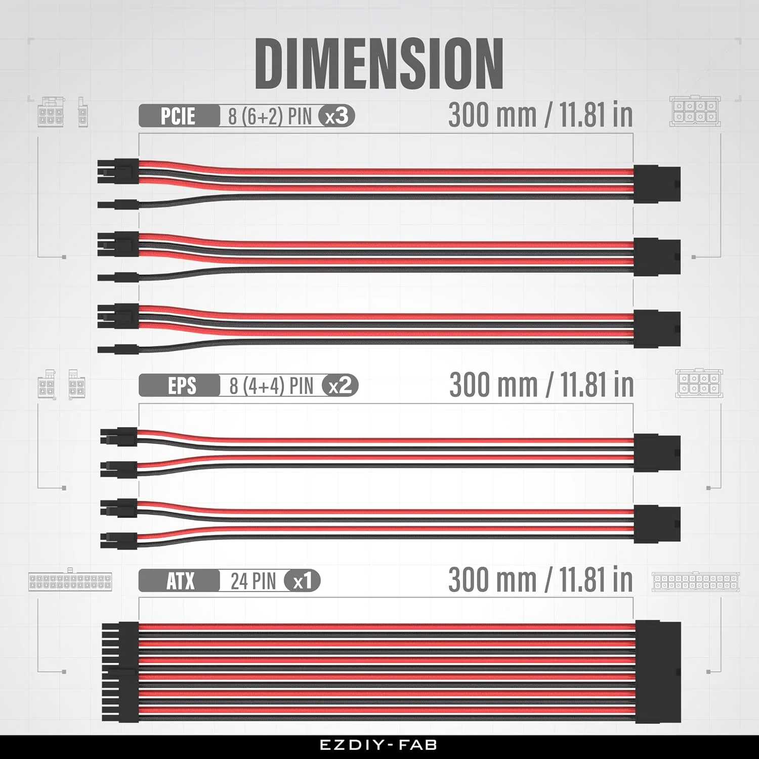 EZDIY-FAB 16AWG PSU Extension Kit, 300MM, 24-Pin/2xEPS/3xPCIe, Black Red