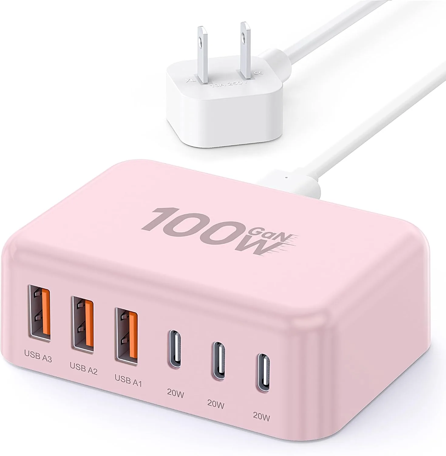 USB Fast Charger Block 50% Smaller 100W Max 6-Port GaN USB Charging Station