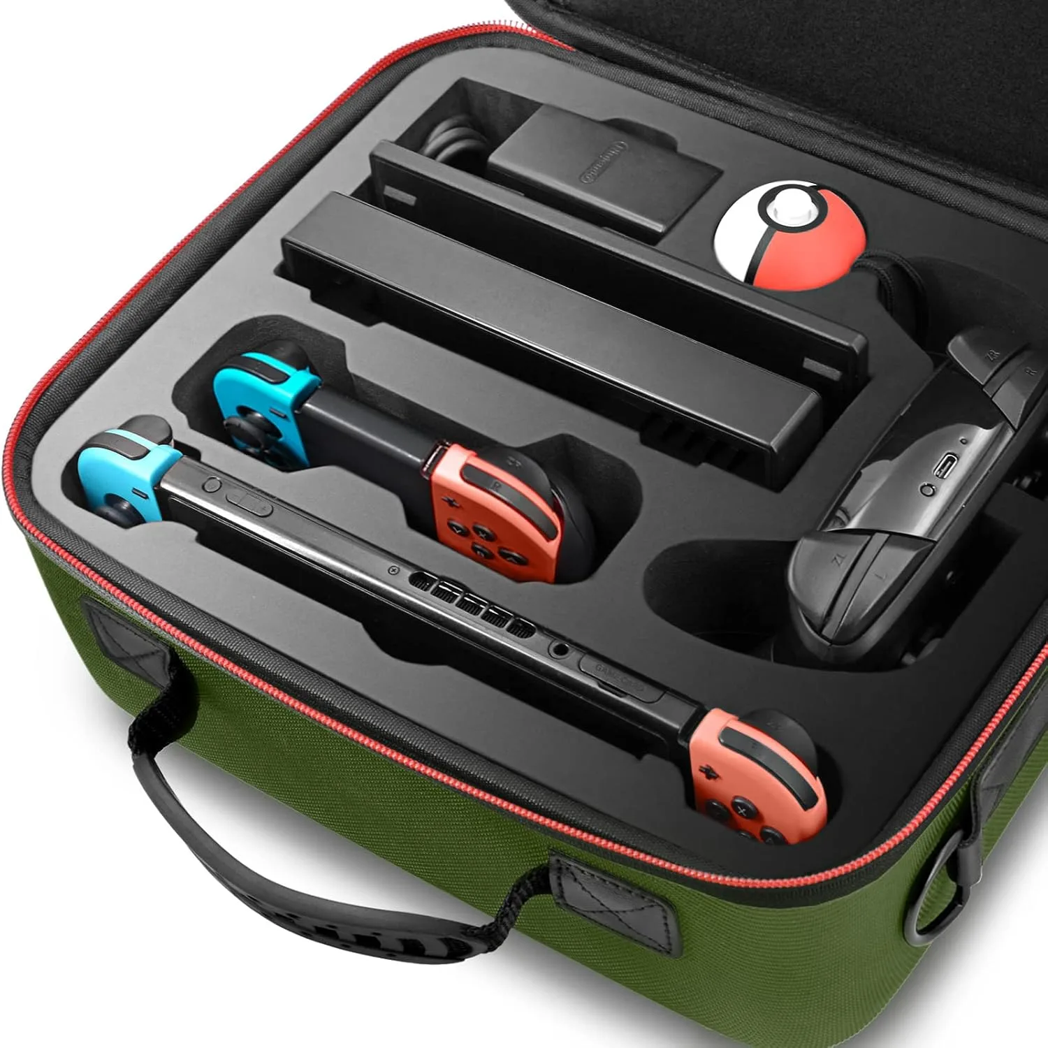 VORI Carrying Case for Nintendo Switch/Switch OLED Model (2021), Hard Travel Storage Protective Case with Handle and Shoulder Strap for Pro Controller, Poke Ball Plus and Switch Accessories, Green