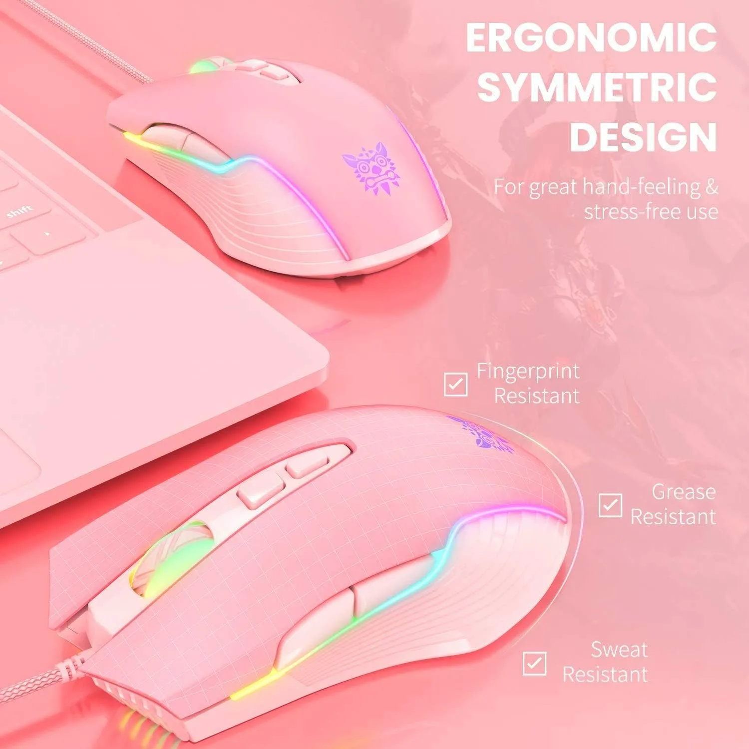 RGB Gaming Mouse Wired, 6400 DPI & 7 Buttons, Pink