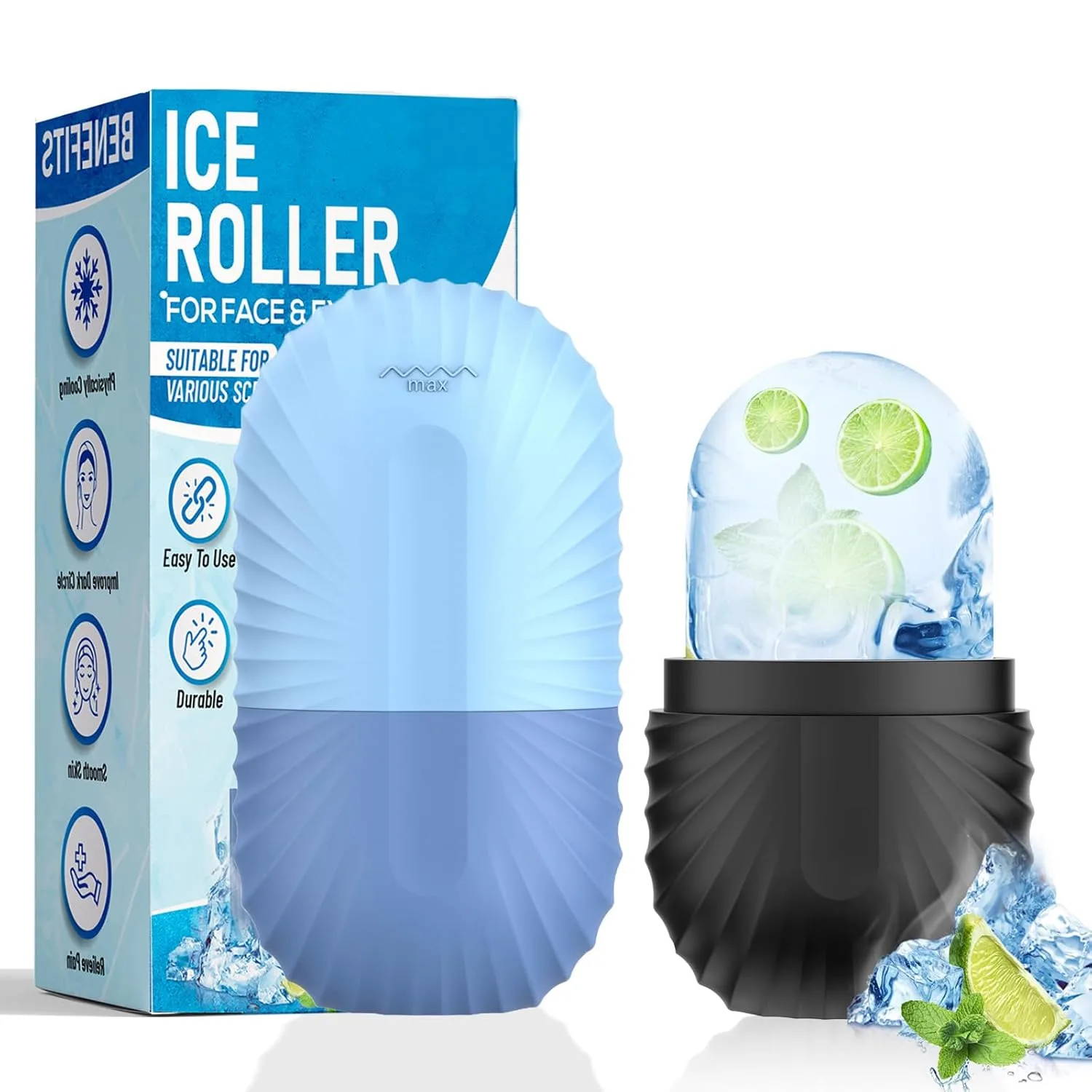 2pcs Ice Roller for Face and Eye, Silicone Ice Facial Roller Ice Holder, Face Ice Mold Skin Care, Face Icers Reusable Ice Cube Roller for Shrink Pores Anti Wrinkle Reduce Puffiness, Black Blue